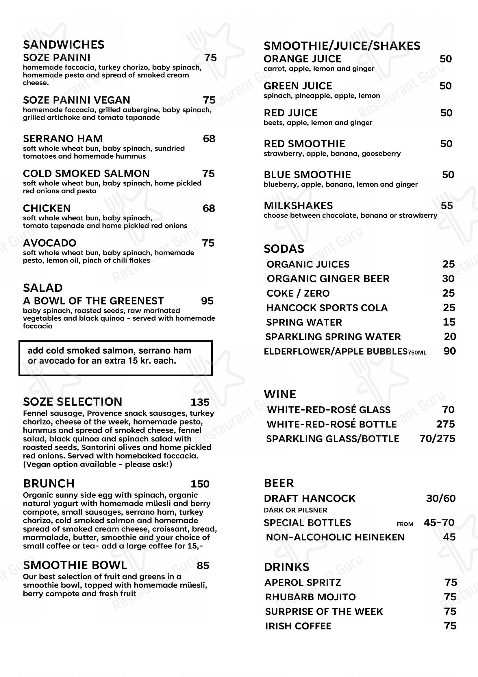 菜单 кафе SOZE Kaffebar & Risteri в Фаборге
