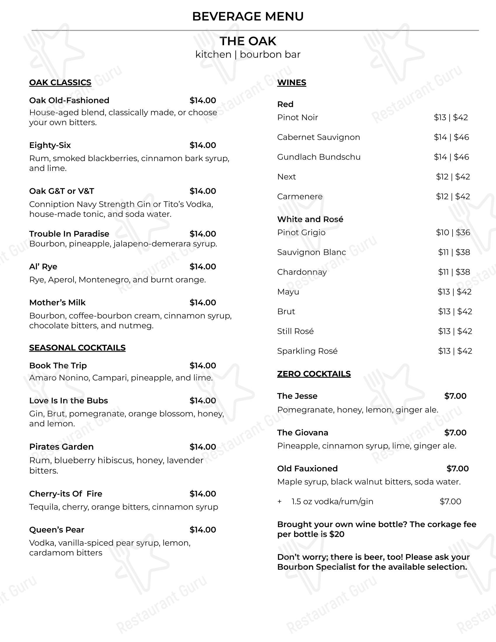 Dinner Menu паба и бара The Oak Raleigh