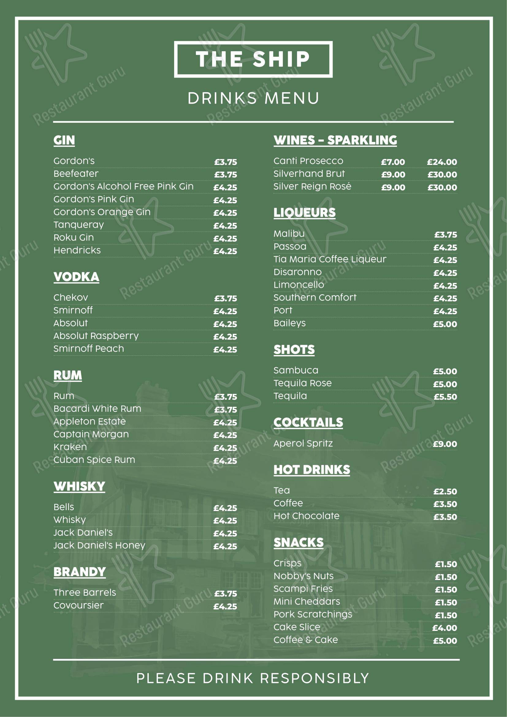 Основное меню паба и бара The Ship Tavern