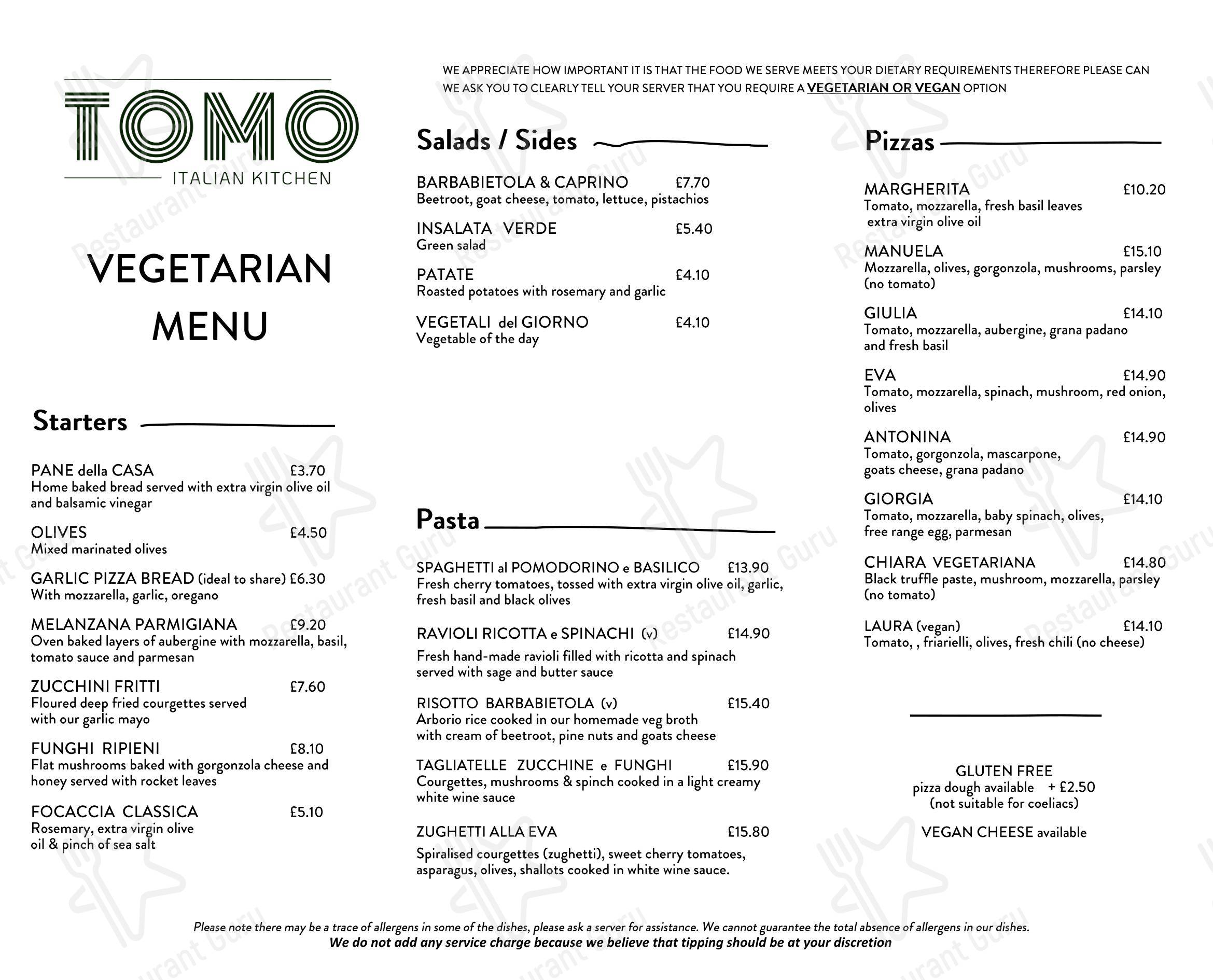 Меню кафе Tomo Italian Kitchen - Меню