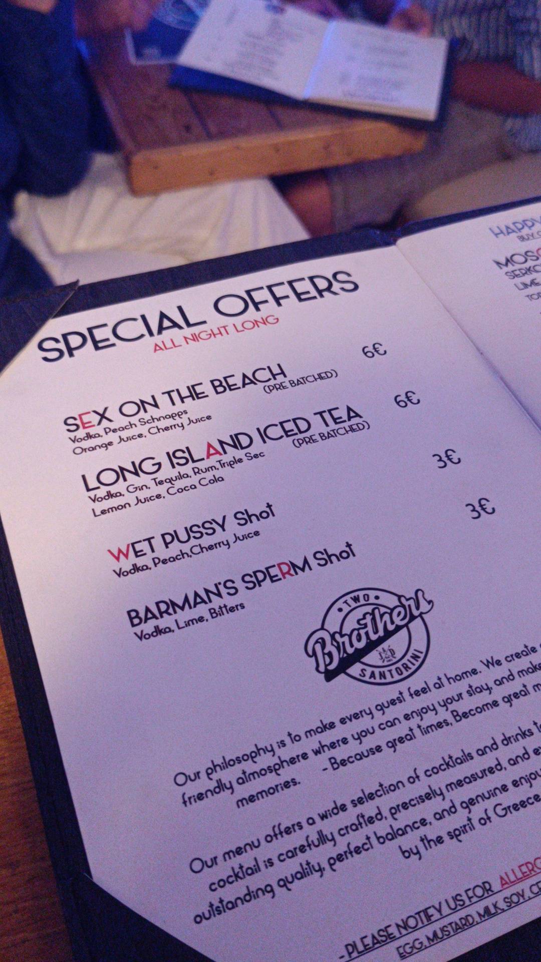 2 Brothers Bar Santorini меню