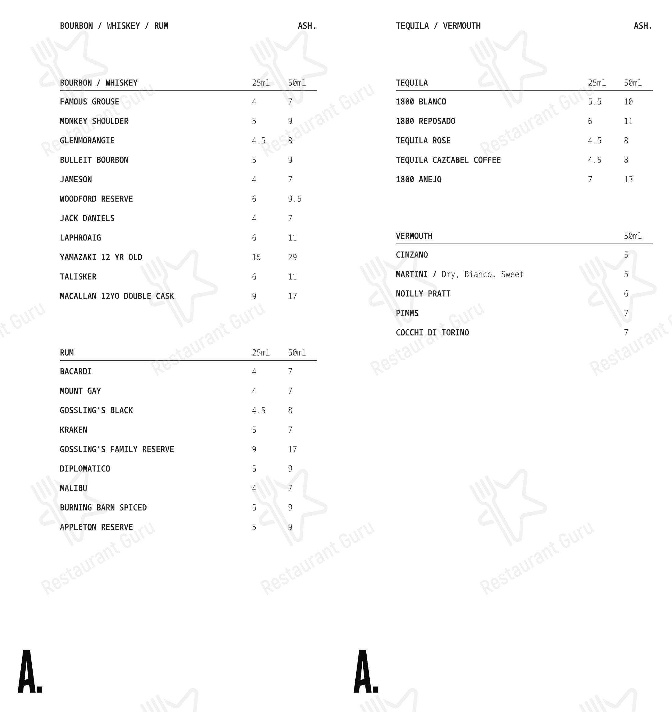 Lunch Menu ресторана ASH в Бирмингеме