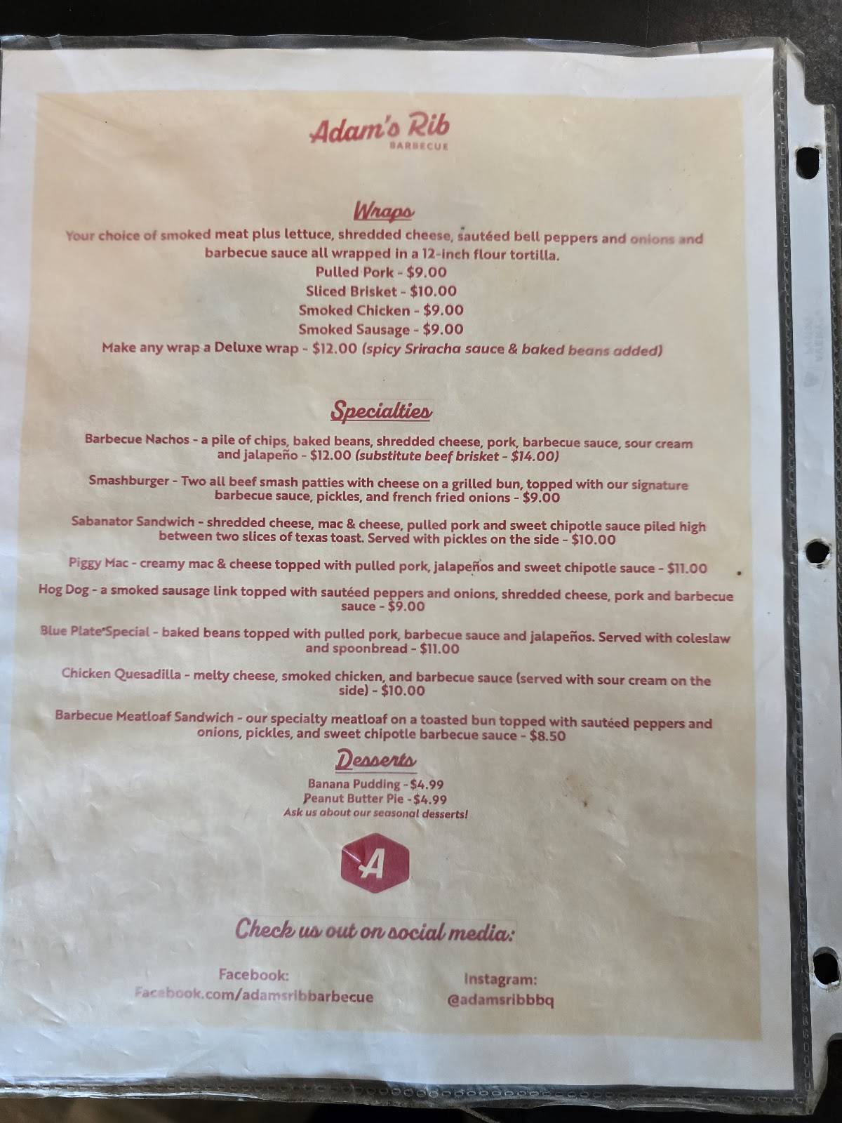 Adam's Rib Barbecue меню