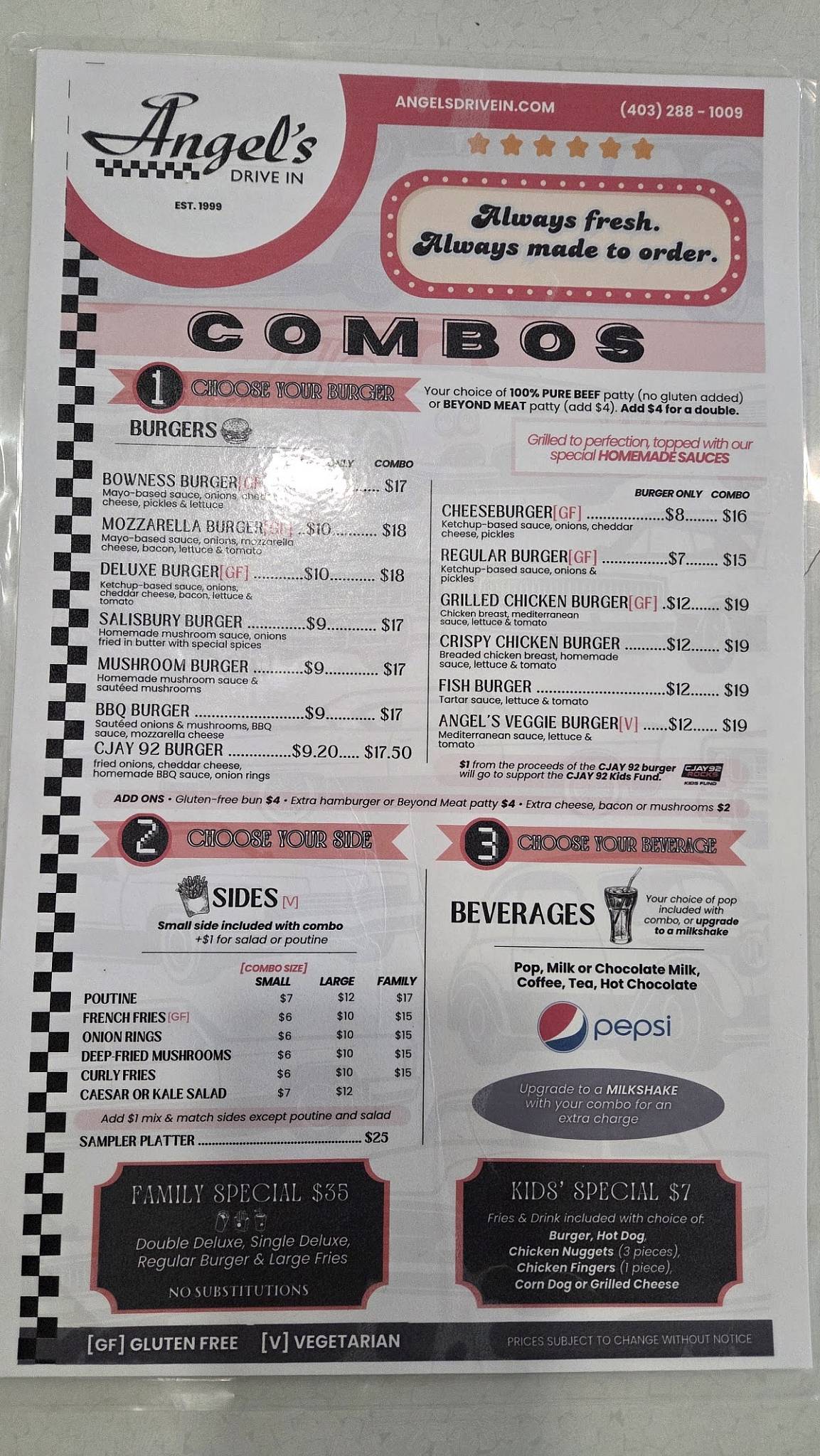 Angel's Drive In меню