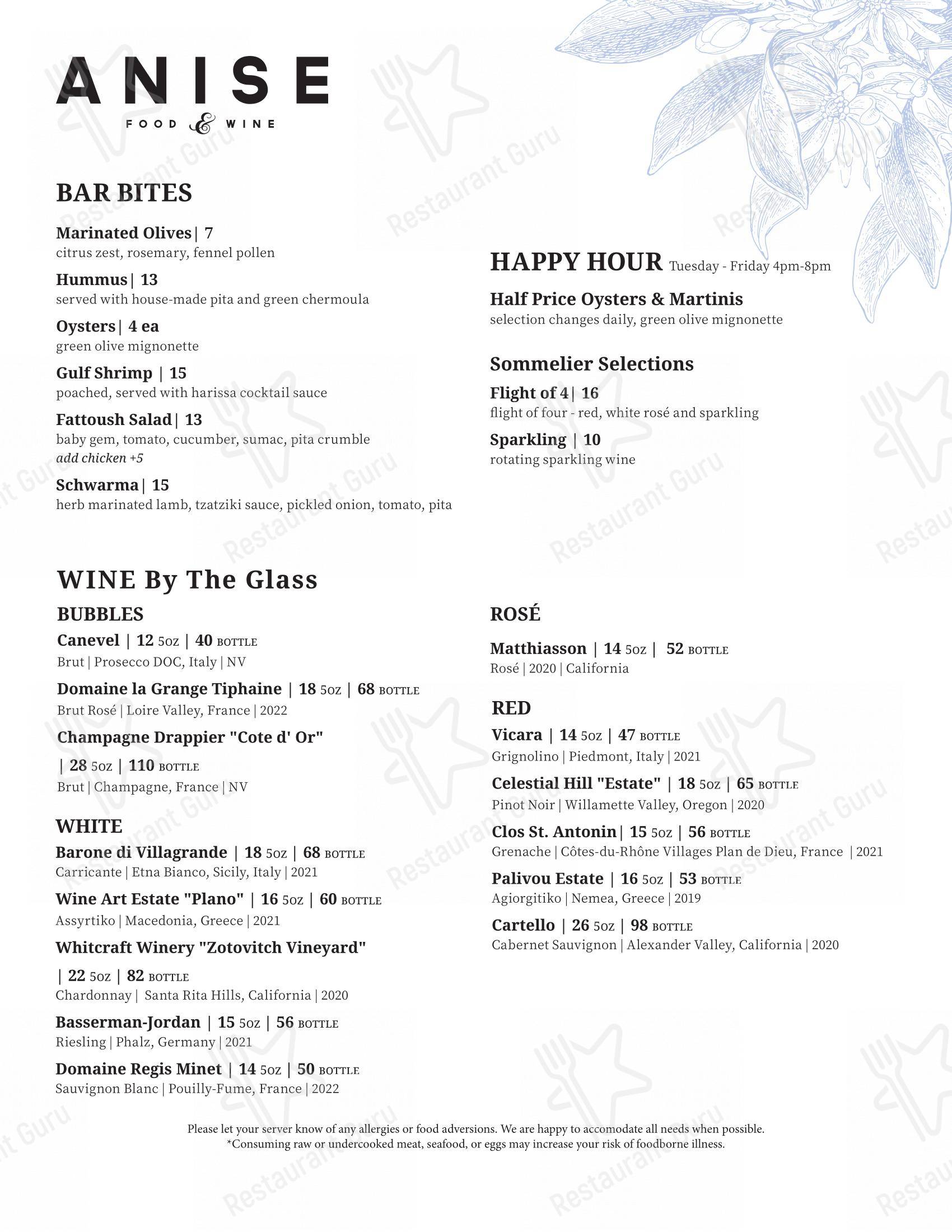 Anise Wine Bar- The Village Dallas в Далласе - 菜单