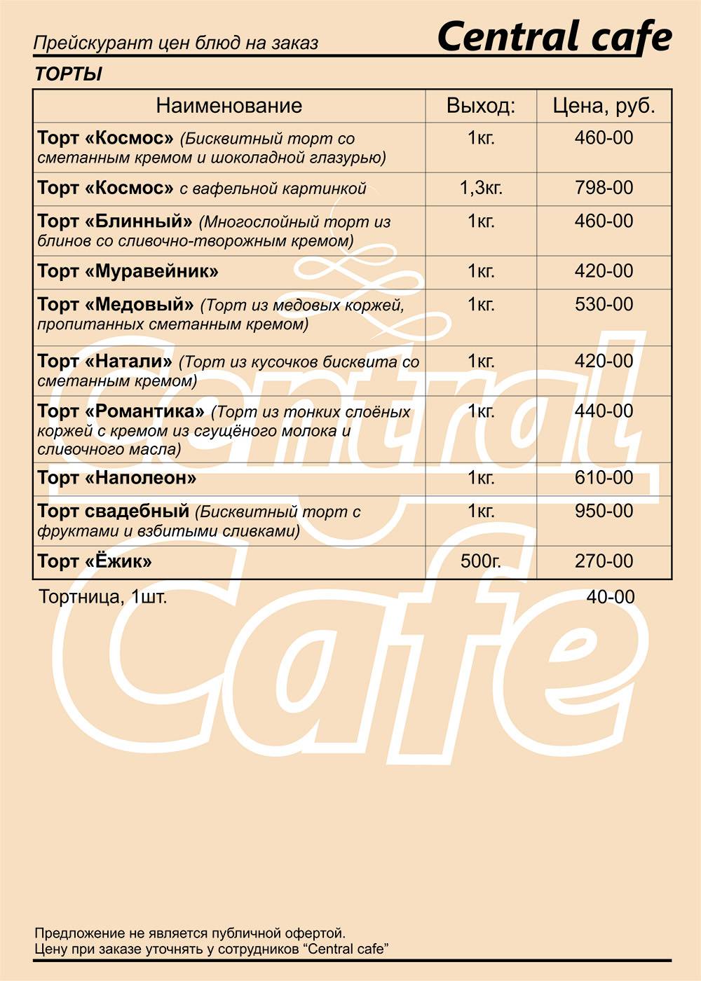 Central cafe меню