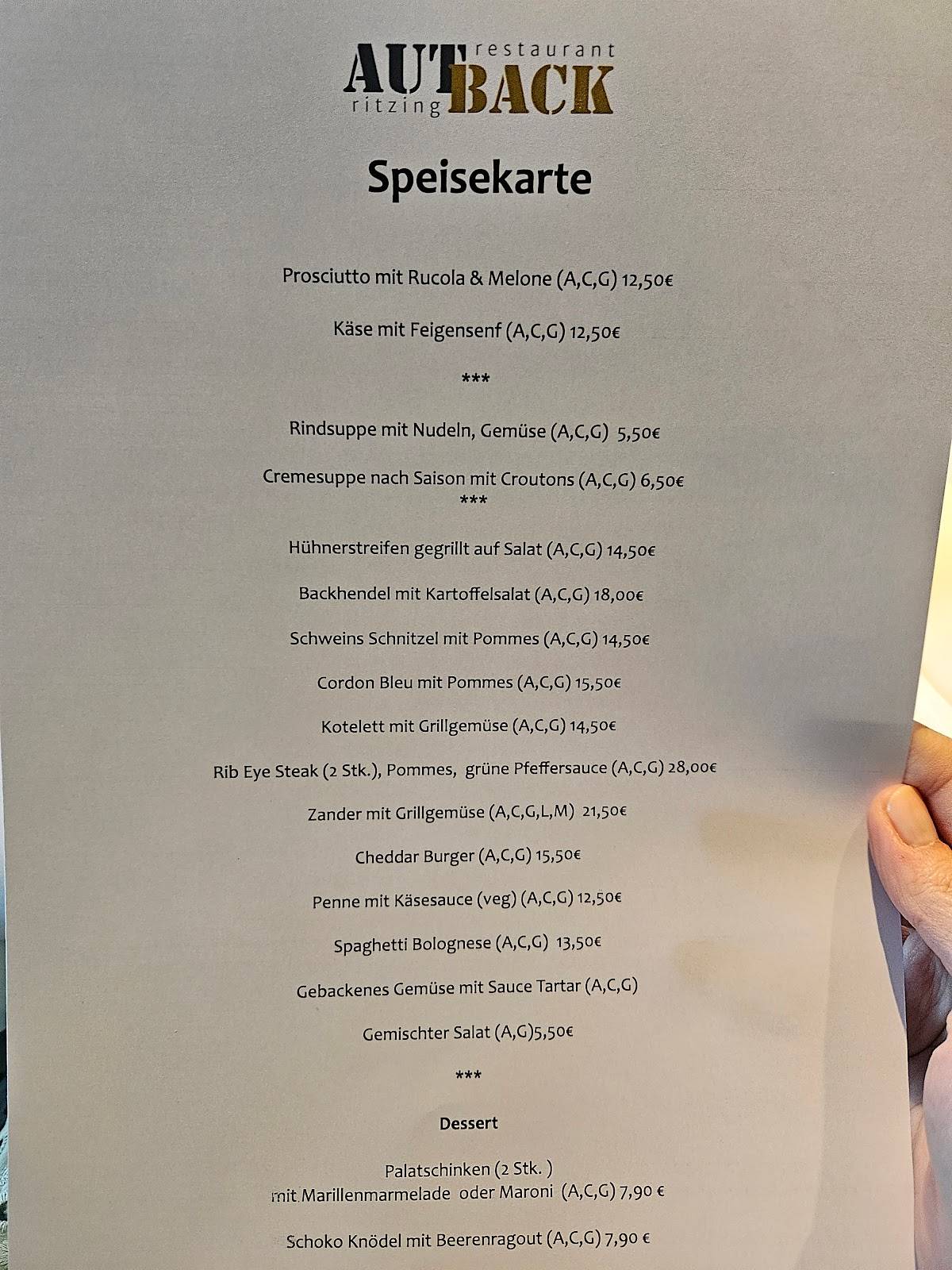 Autback Restaurant Ritzing im Sportzentrum Ritzing, Vinea Resort меню