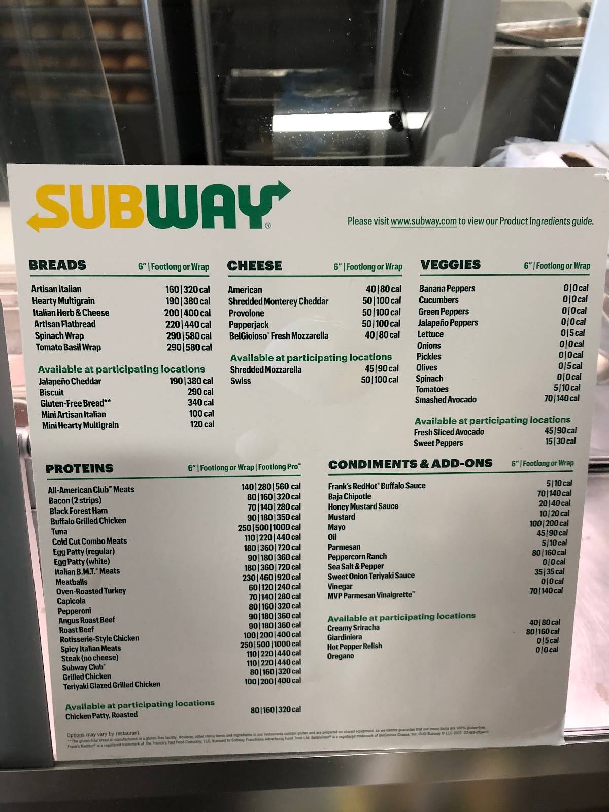 Subway меню