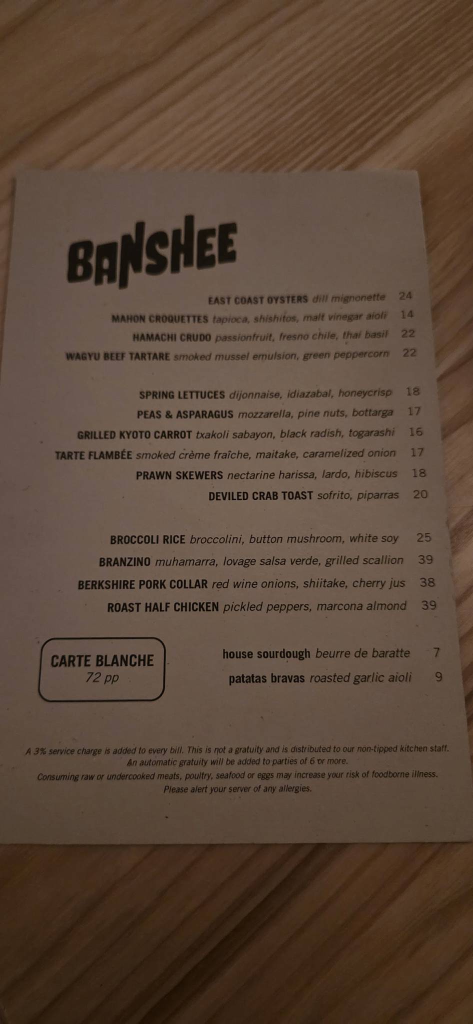 Banshee Restaurant меню