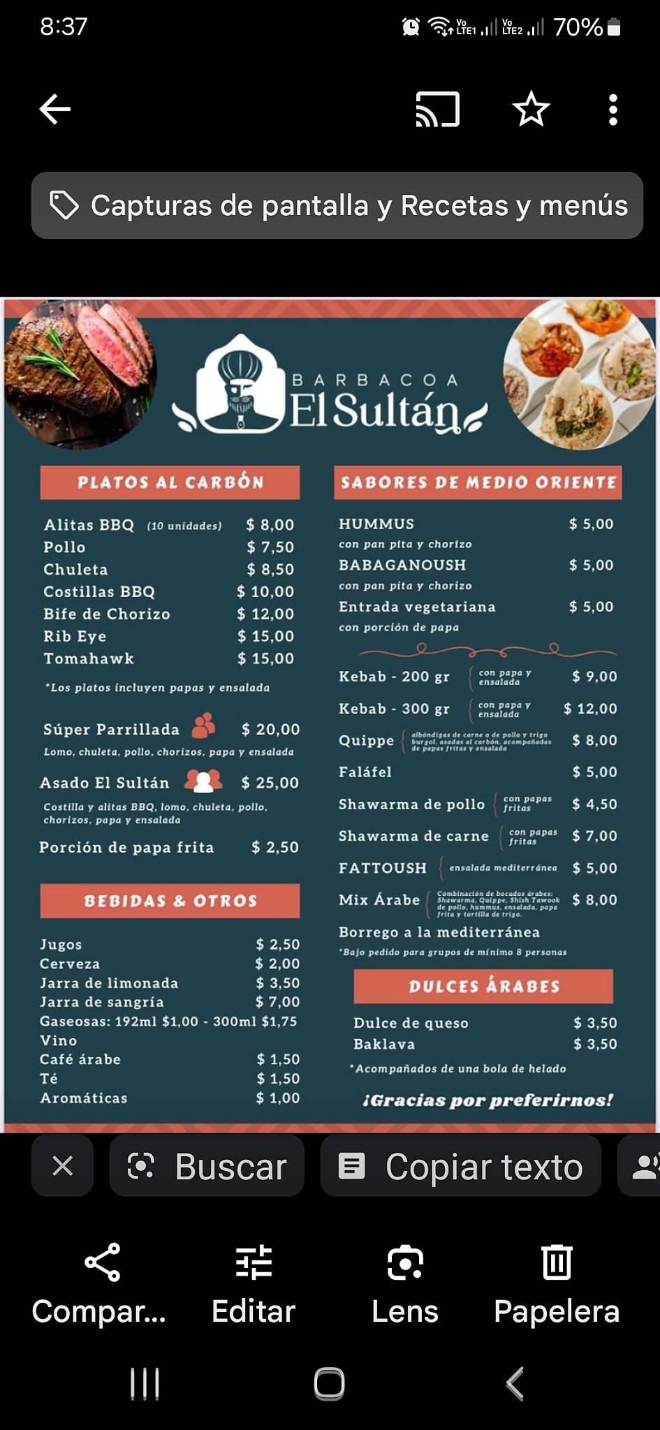 Barbacoa El sultan меню