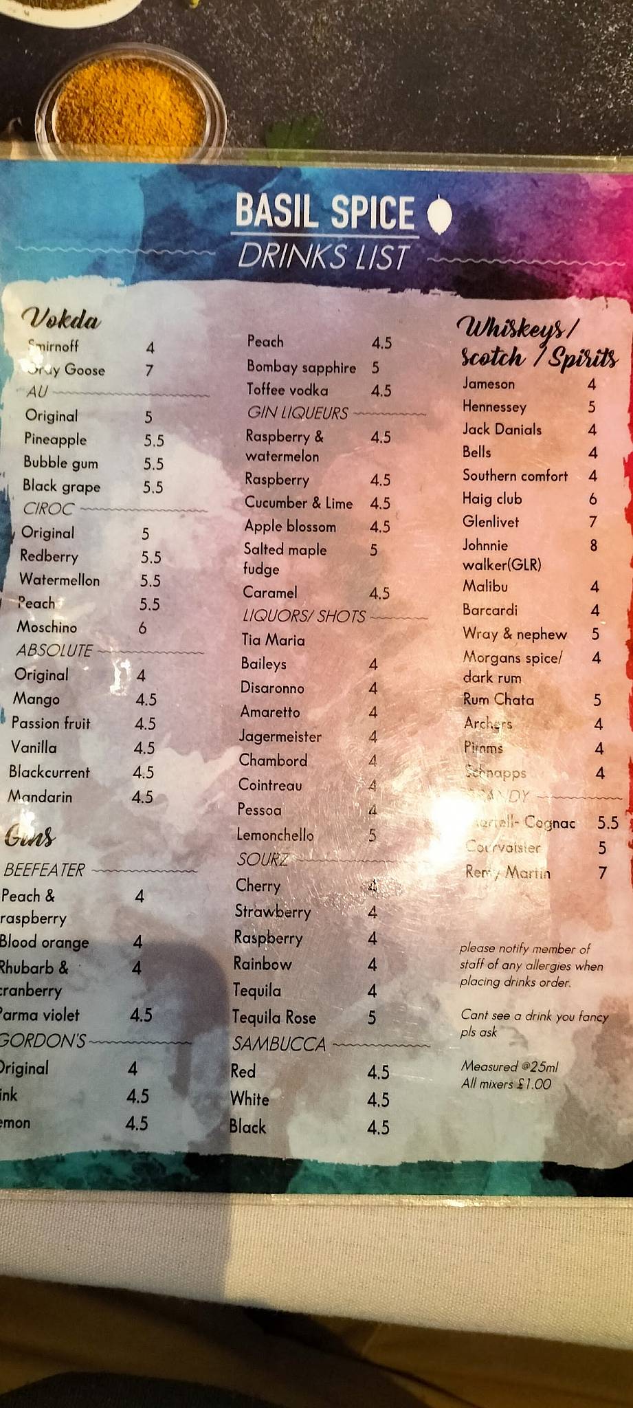 Basil Spice Indian Restaurant, Bar меню