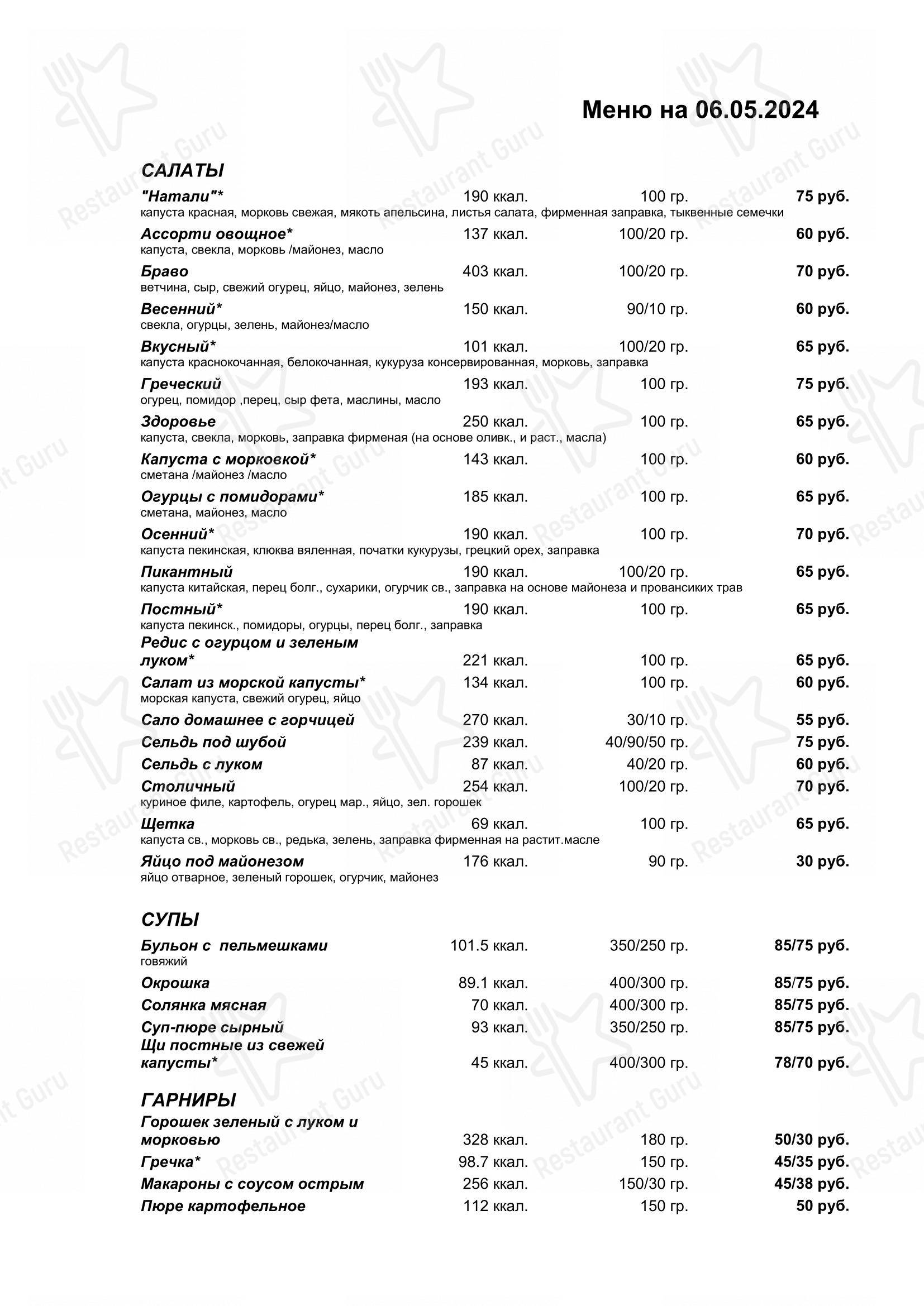 Меню кафе Белка - Меню