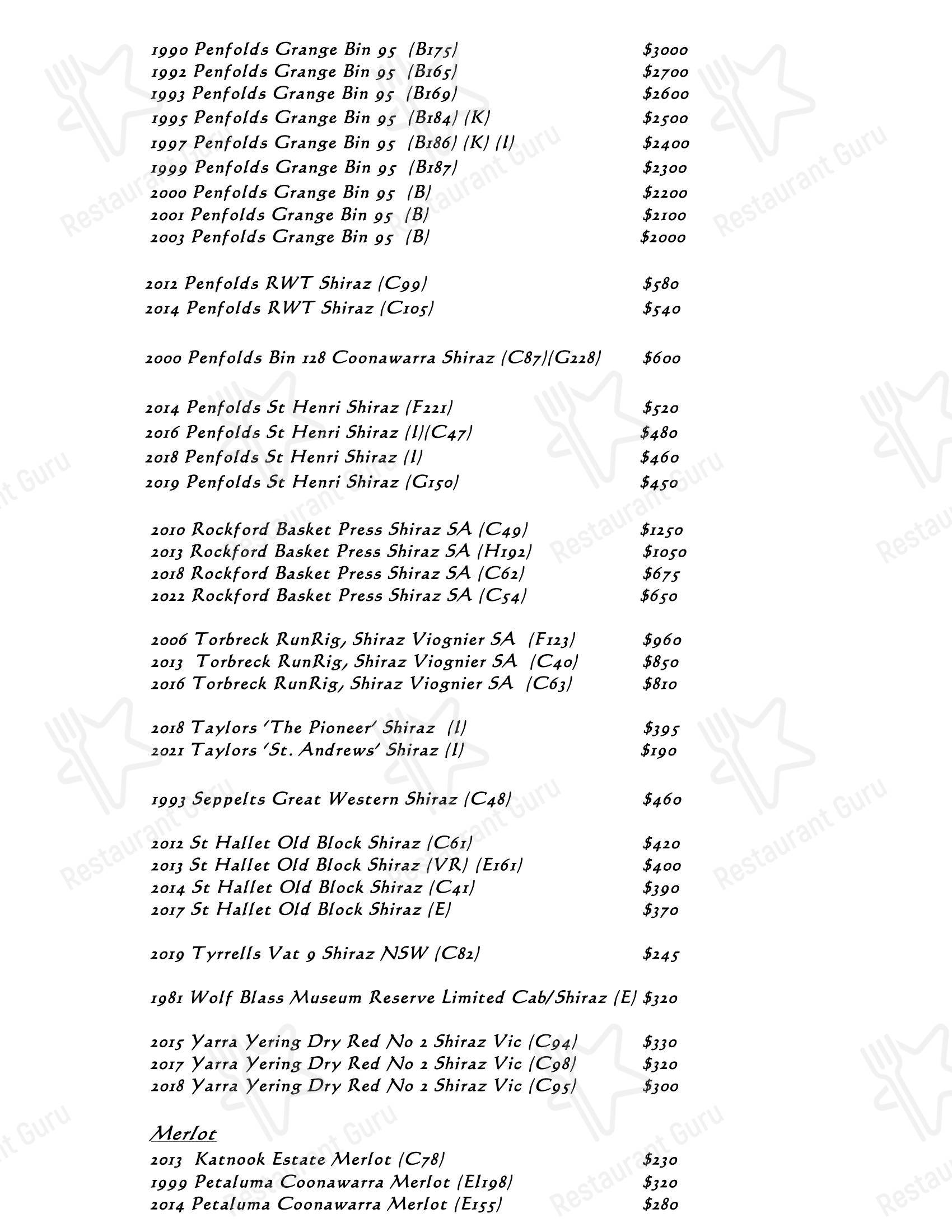 Drink menu ресторана Beppi's Italian в Дарлингхерсте