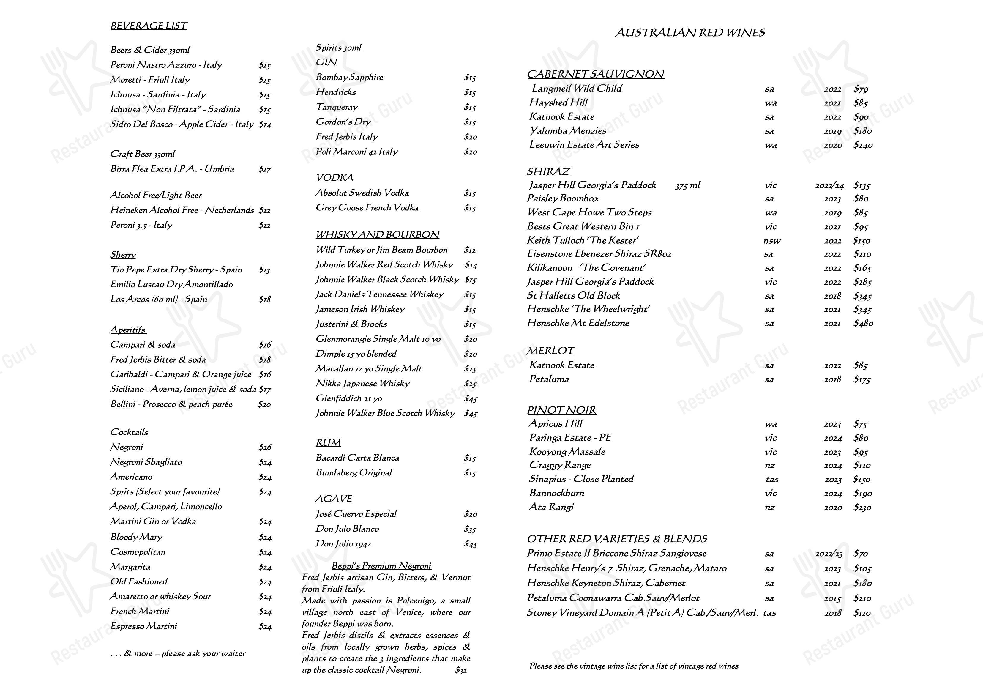 Beppi's Italian в Дарлингхерсте - At Home Catering Menu