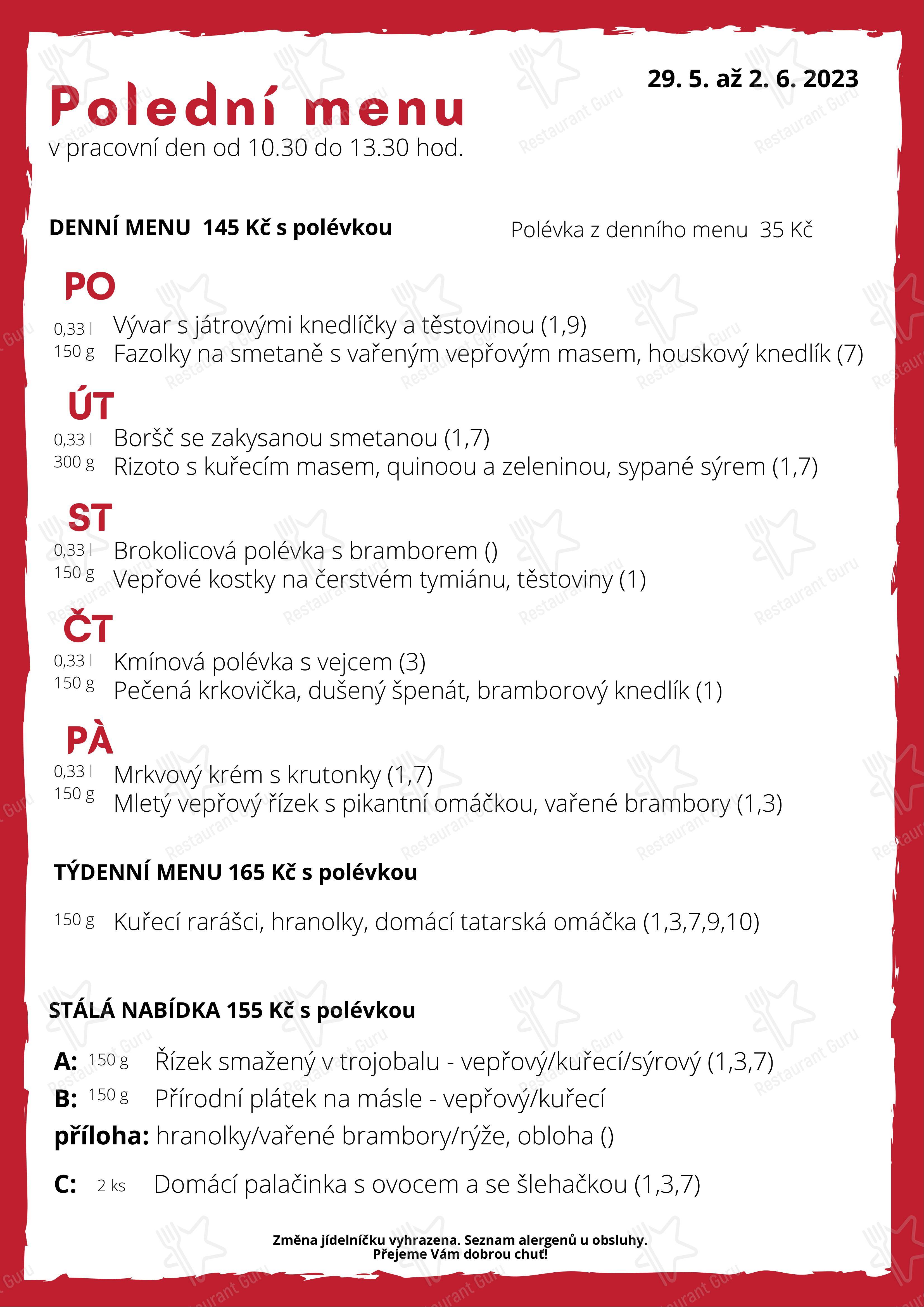 Меню ресторана Bistro ČS Rudíkov - Меню
