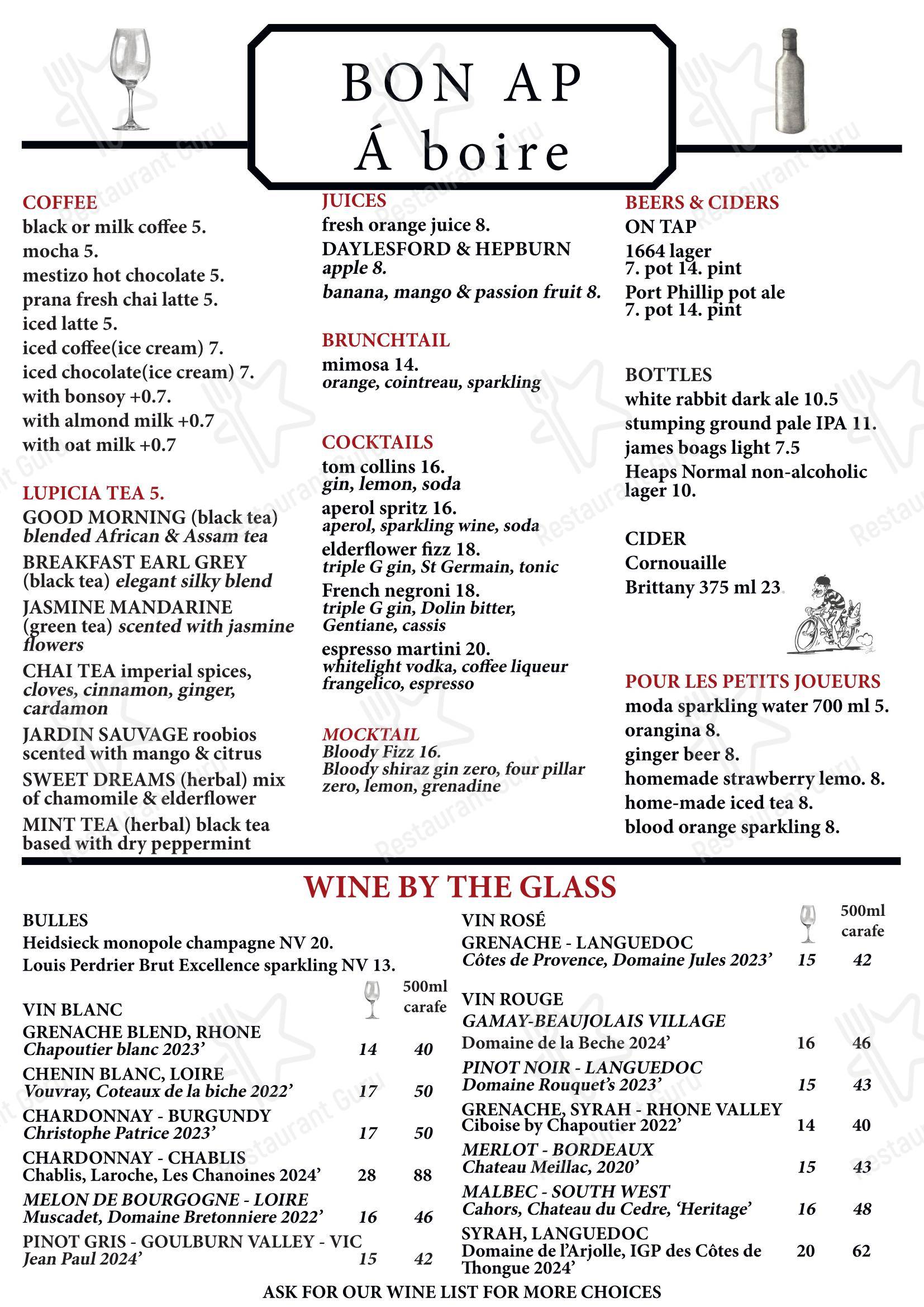 Меню паба и бара Bon Ap' Petit Bistro - Wine Menu