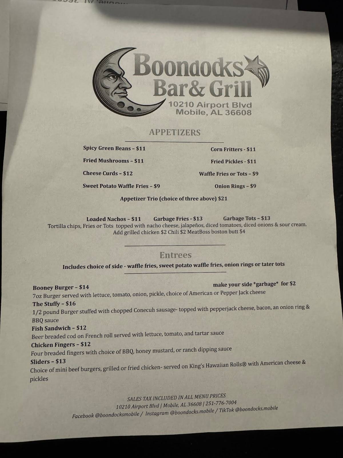 Boondocks Bar & Grill меню