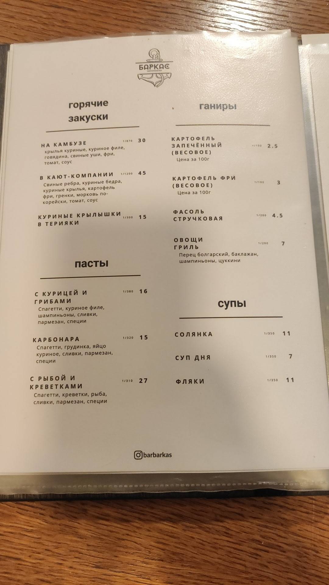 кафе Баркас меню