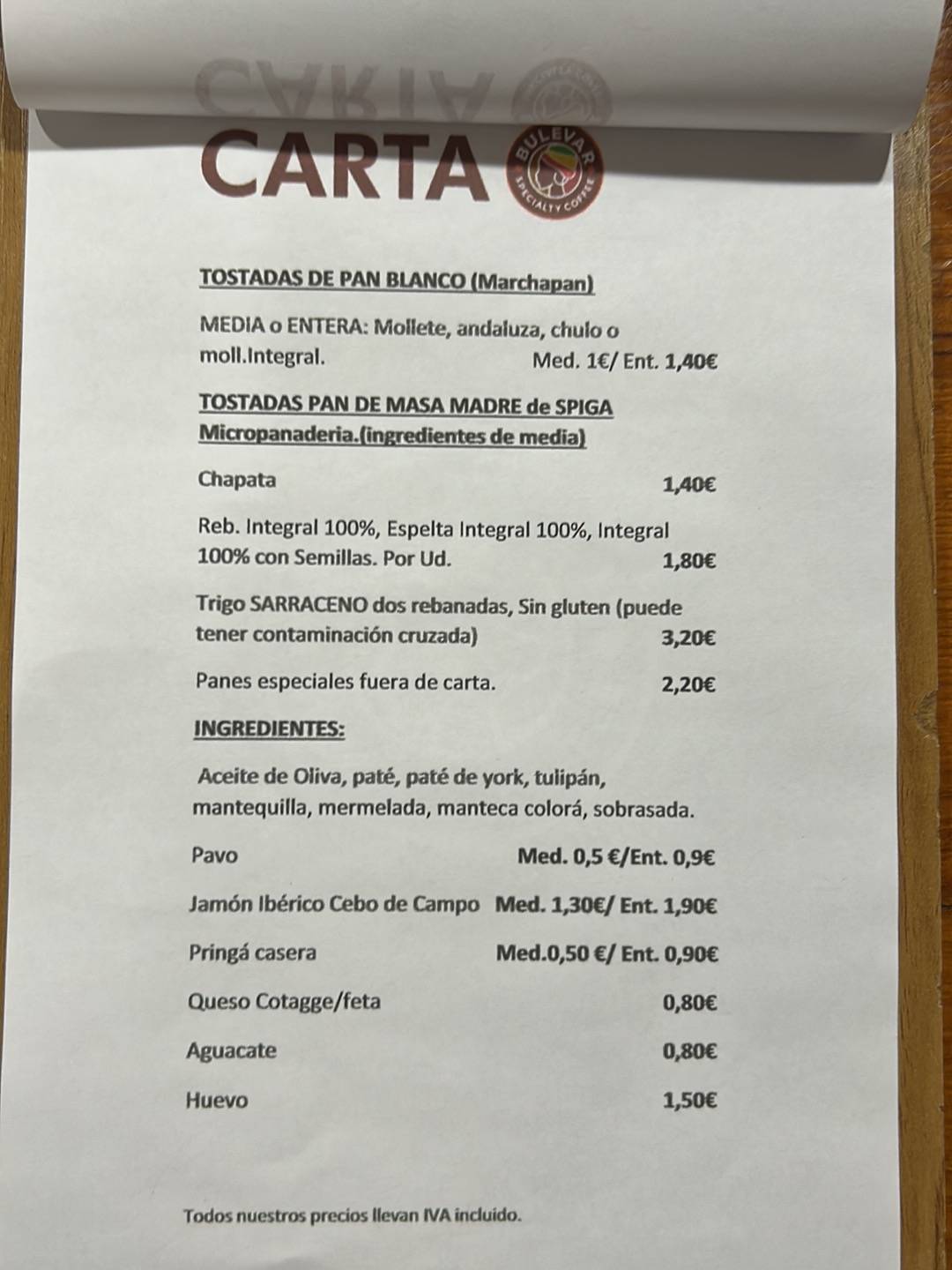Bulevar Specialty Coffee меню