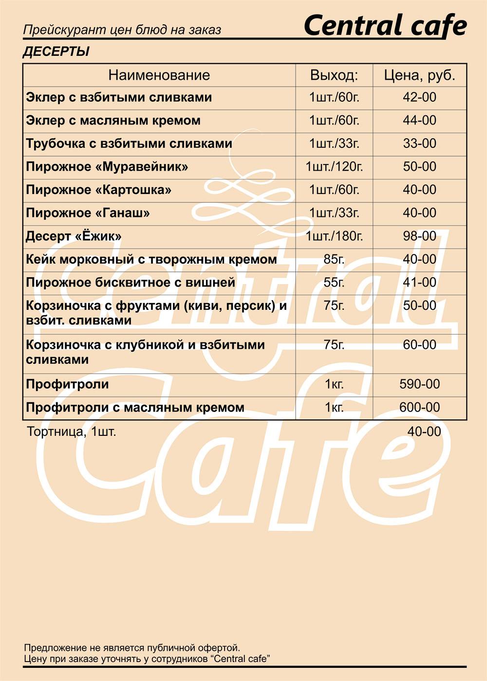 Central cafe меню