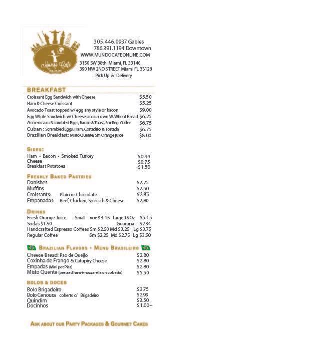 Mundo Cafe Miami меню