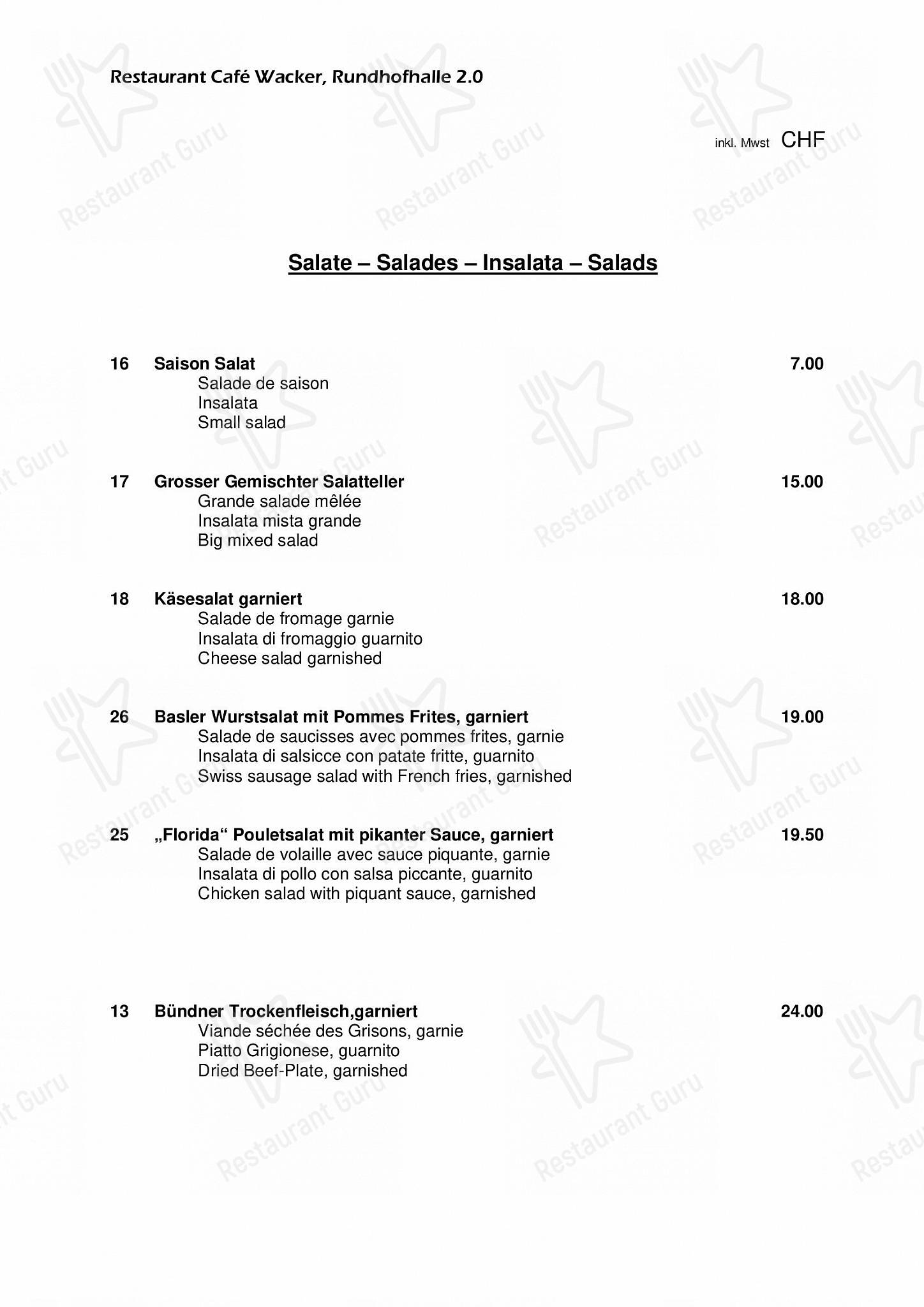 Меню ресторана Restaurant Wacker Basel в Базели