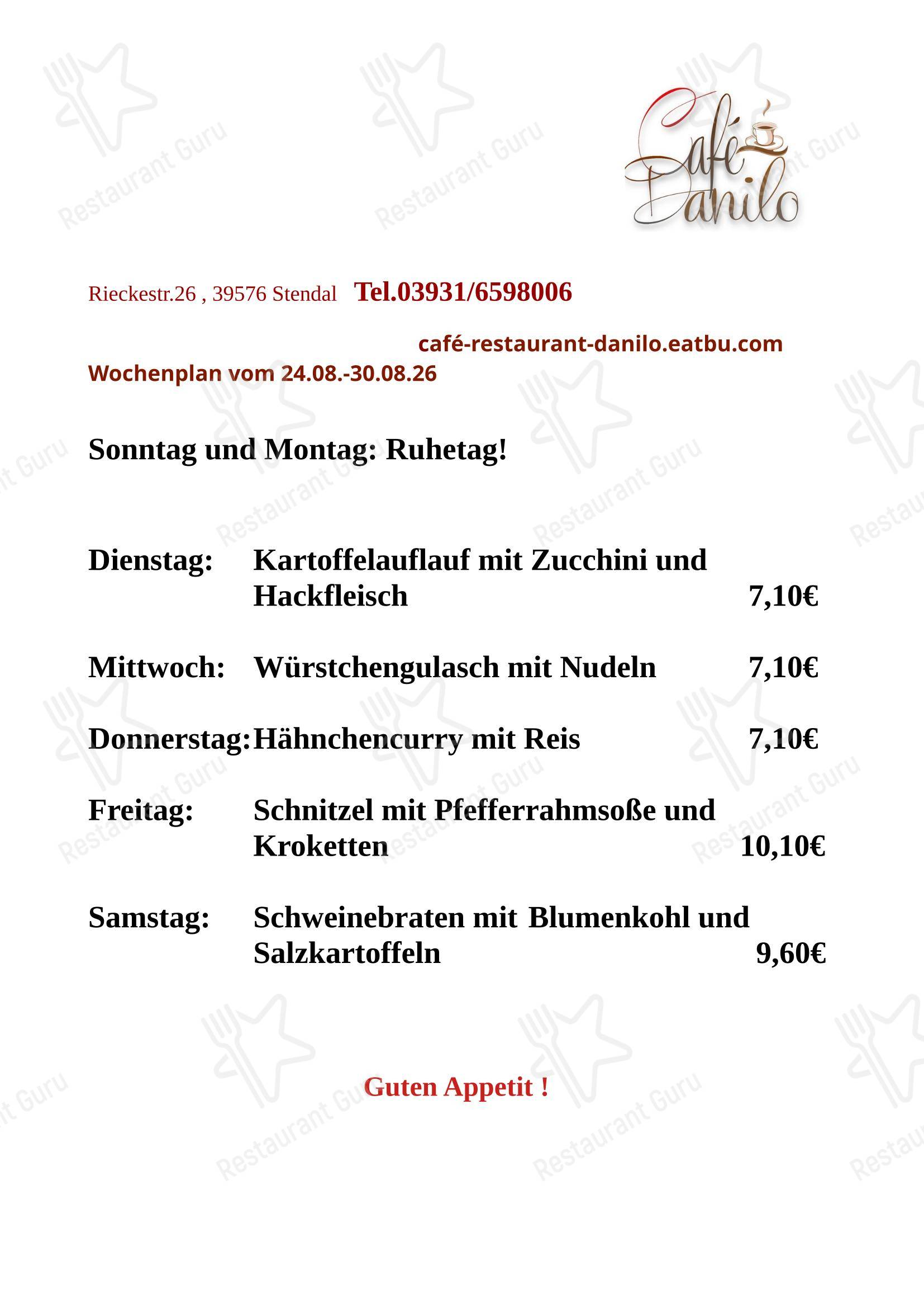 Lunch Menu кафе Cafe und Restaurant Danilo