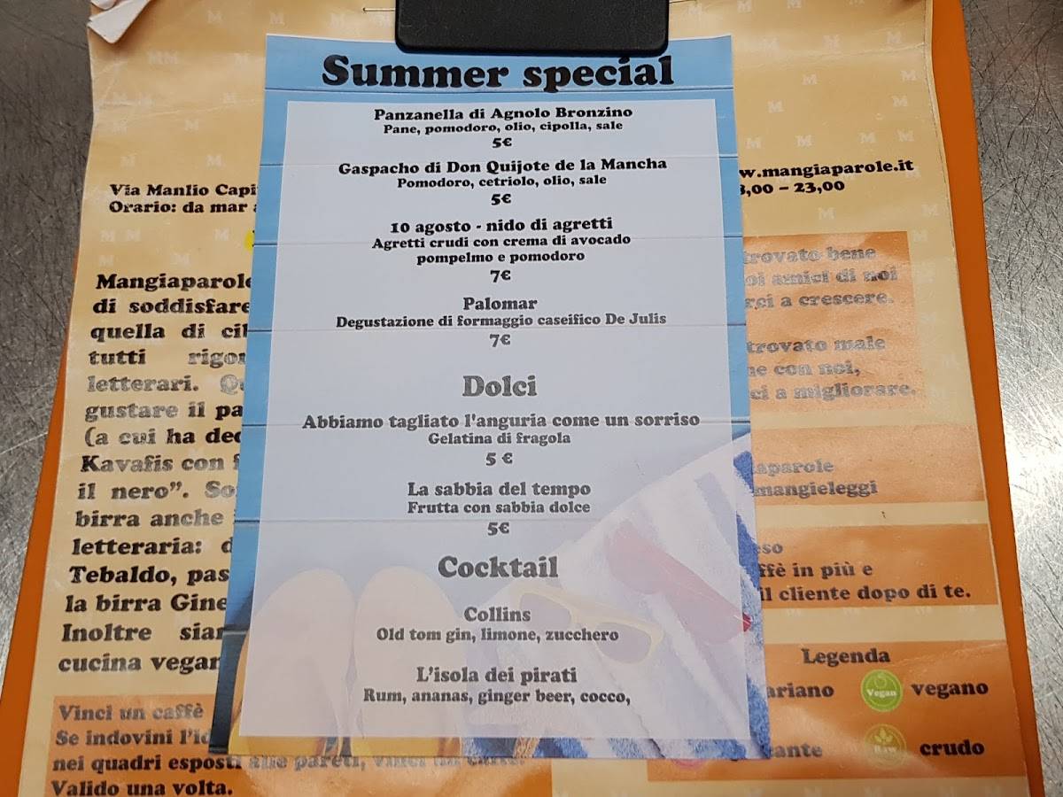 Caffè letterario Mangiaparole mangi e leggi меню