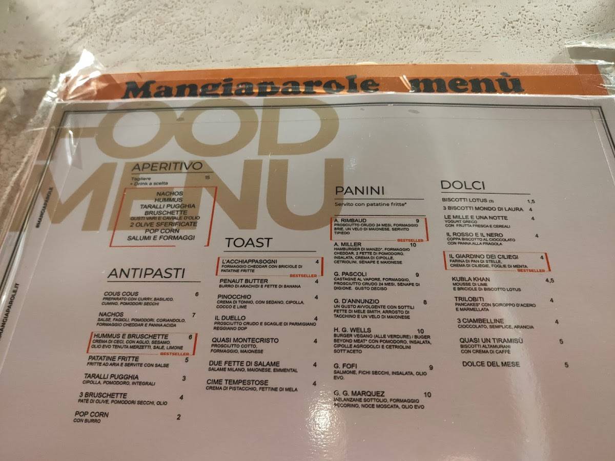 Caffè letterario Mangiaparole mangi e leggi меню