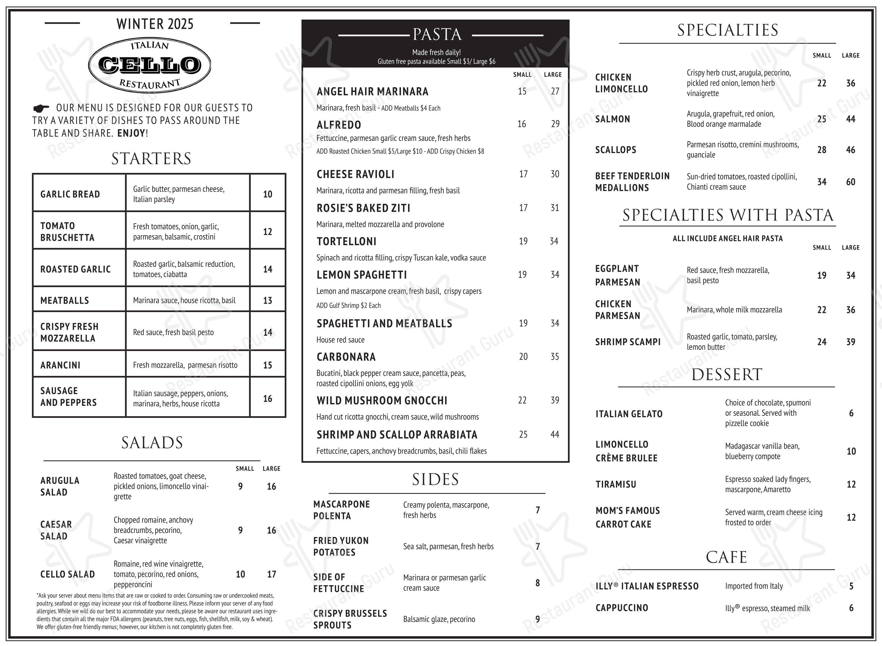Меню паба и бара Cello Italian Restaurant - Меню
