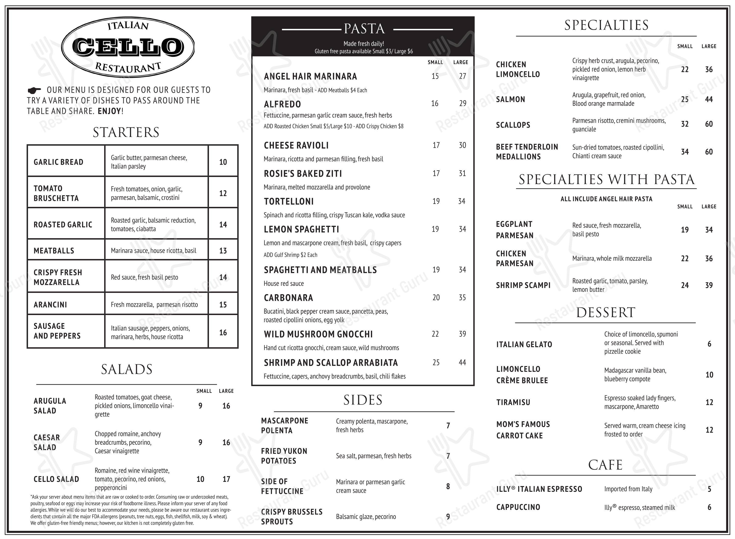 Меню паба и бара Cello Italian Restaurant - Меню напитков