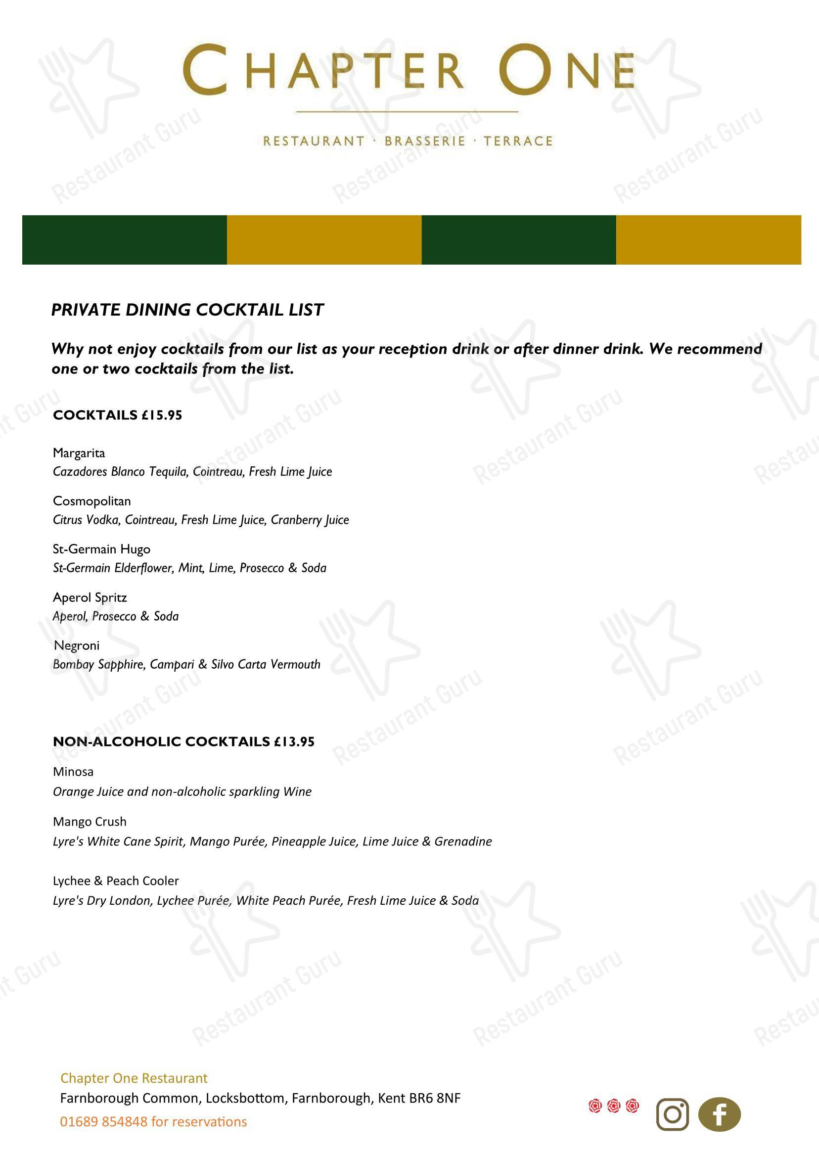 Lunch Menu паба и бара Chapter One в Орпингтоне