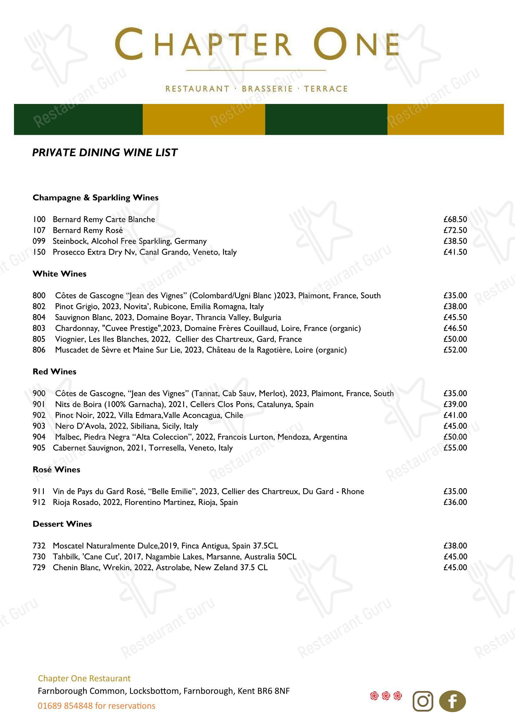 Chapter One в Орпингтоне - Lunch Menu