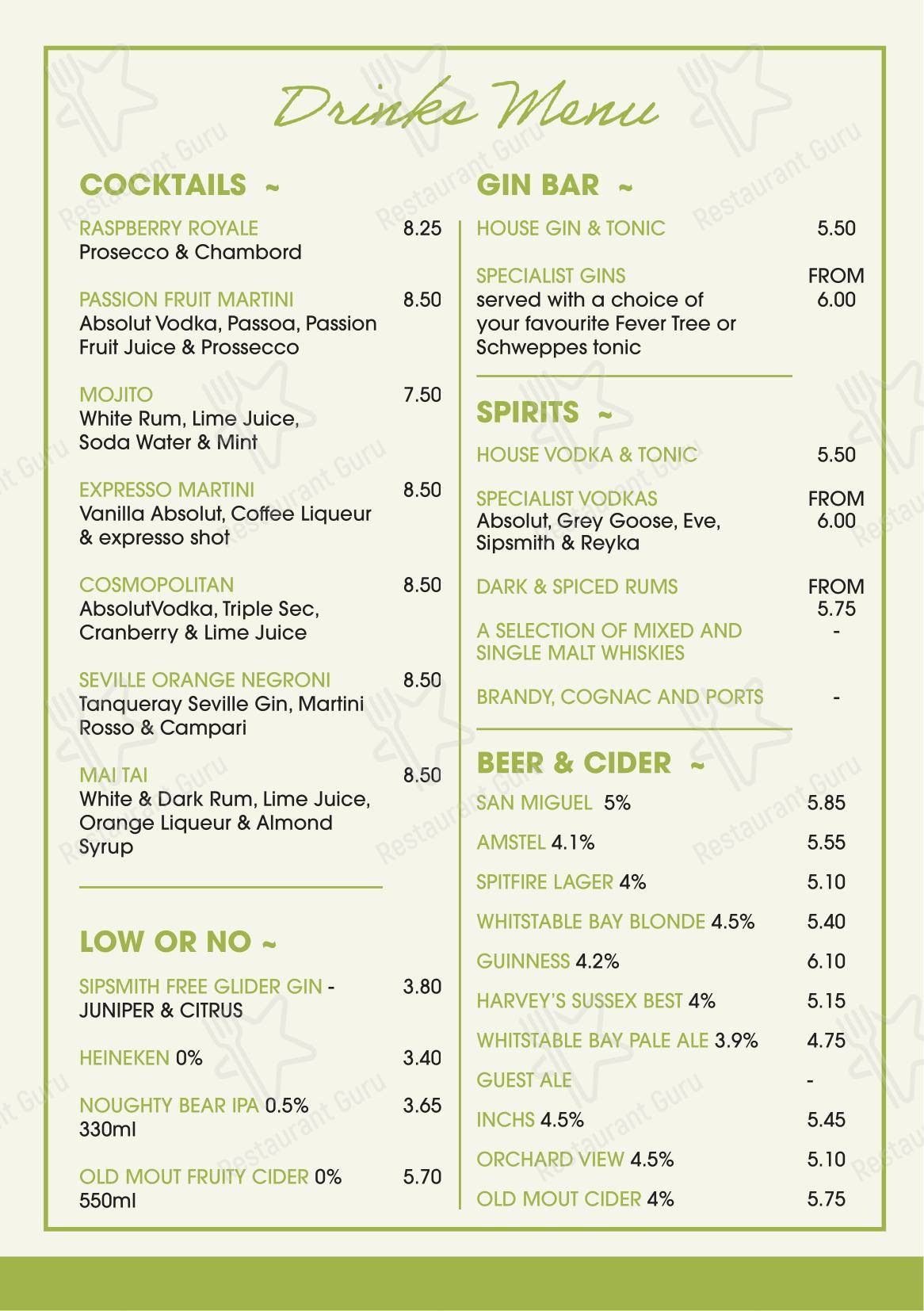 Dinner Menu паба и бара Chequers on the Green