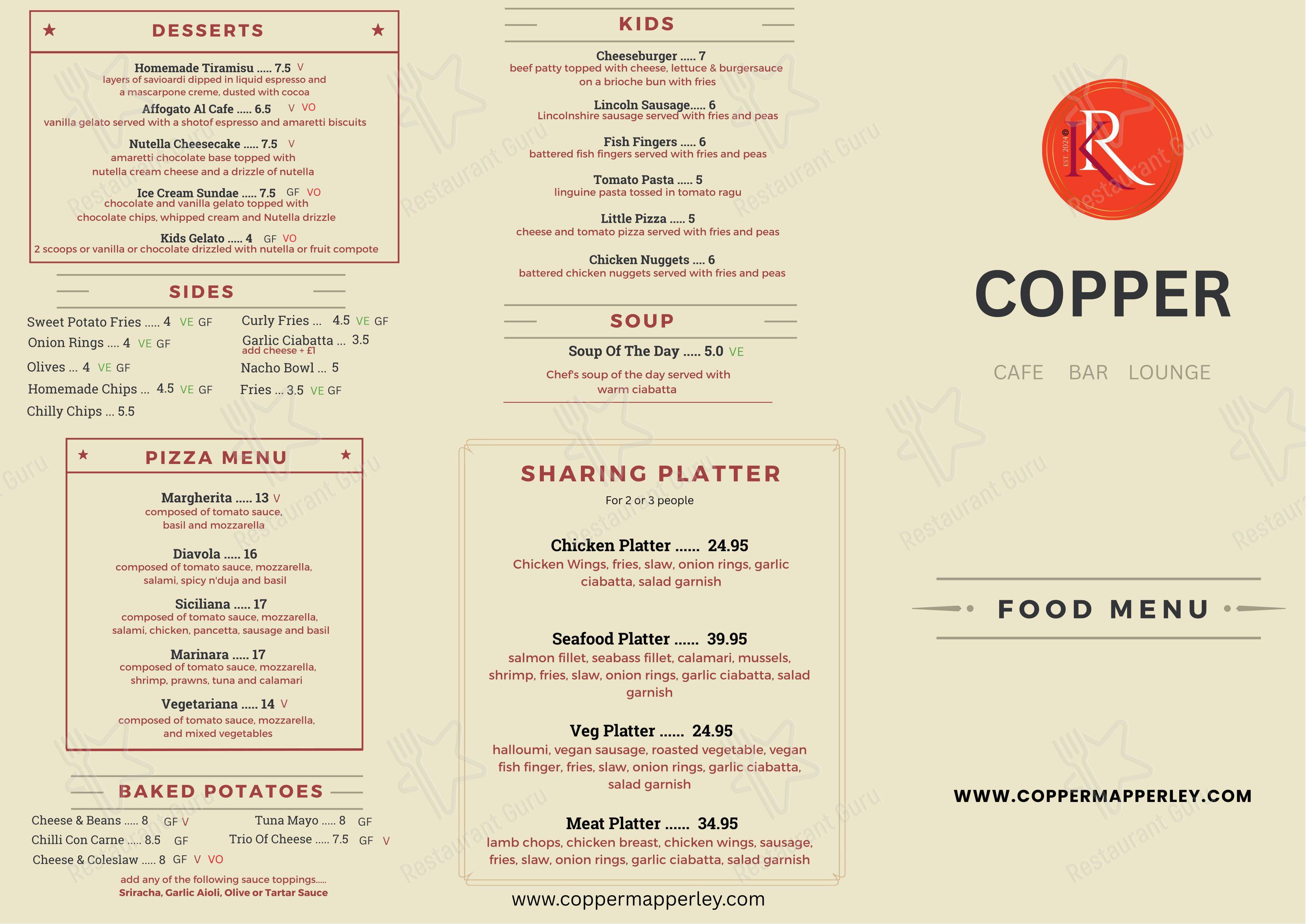 Меню паба и бара Copper - Mapperley в Ноттингеме