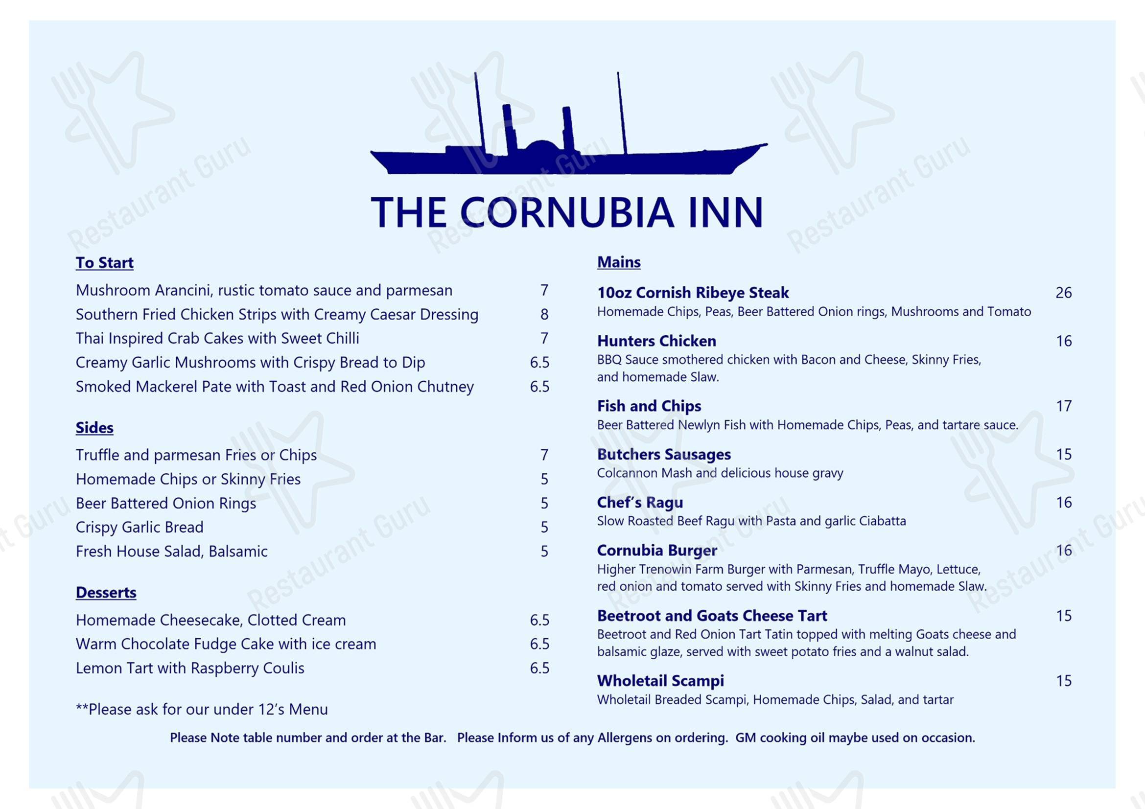 Меню паба и бара Cornubia Sports Bar