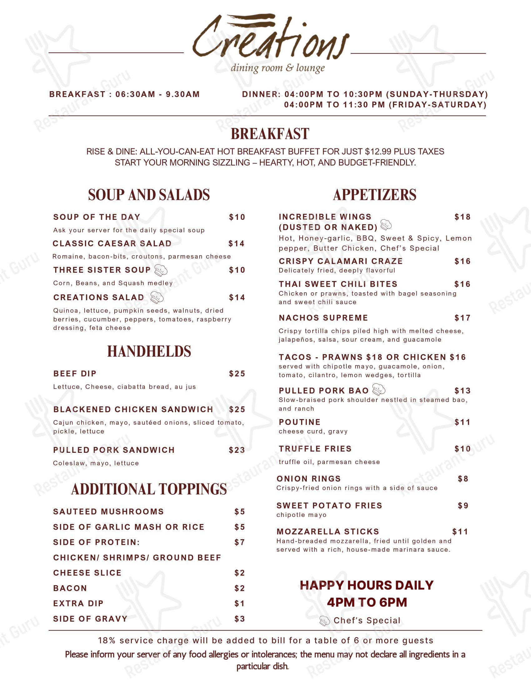 Меню напитков паба и бара Creations Dining Room and Lounge в Эдмонтоне