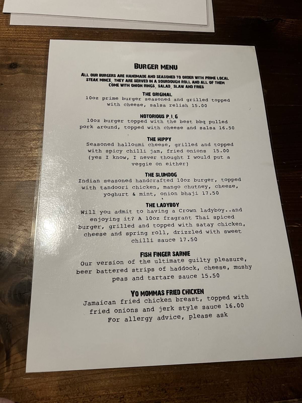 Crown Inn меню