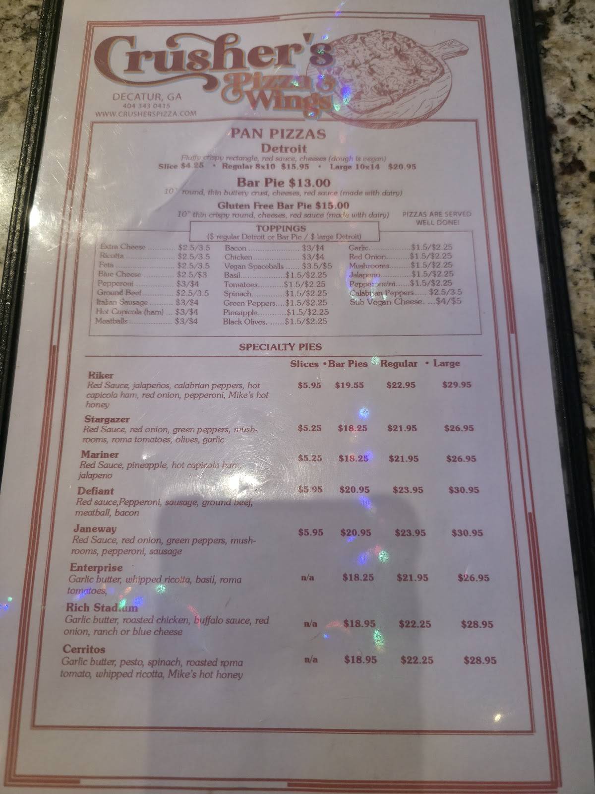 Crusher's Pizza & Wings меню