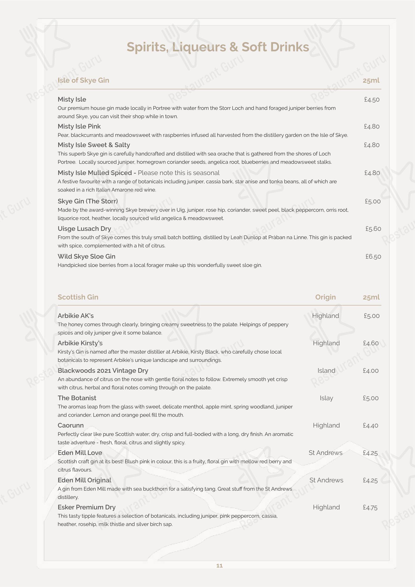 Ночное меню ресторана Cuillin Hills Hotel в Портри