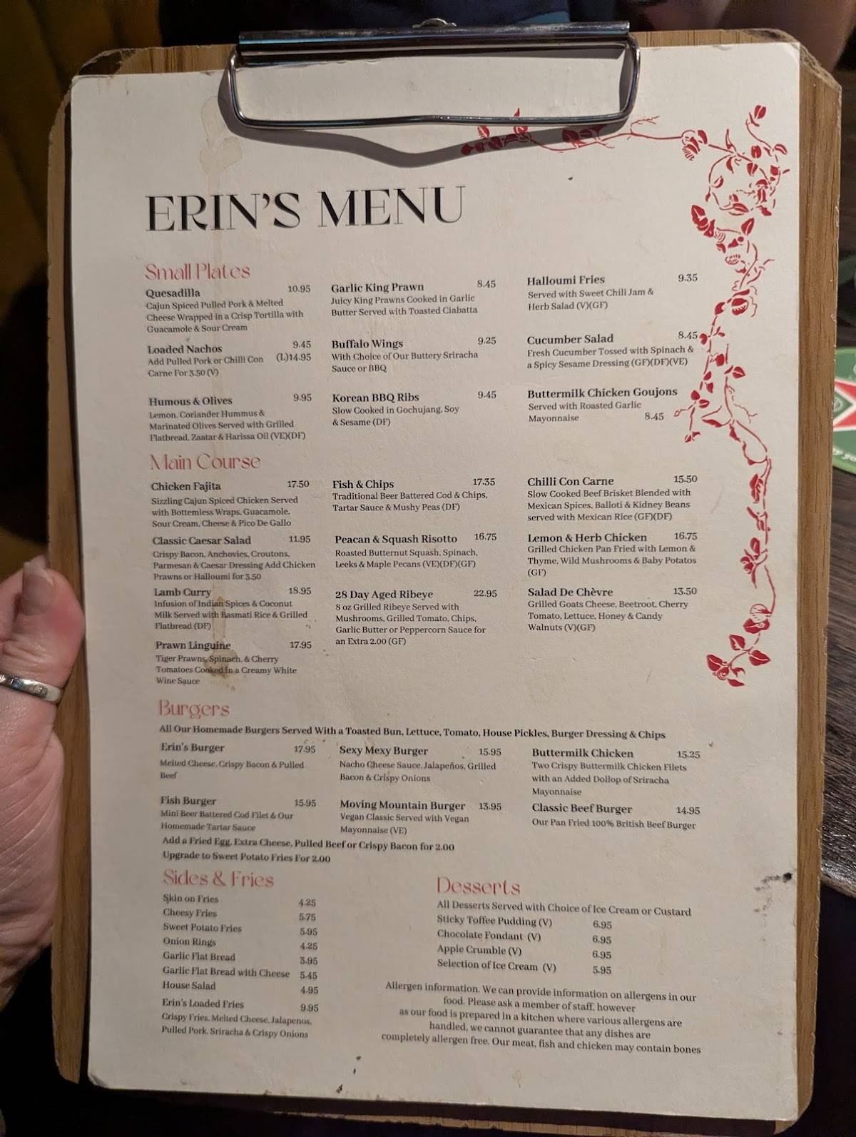 Erin's меню