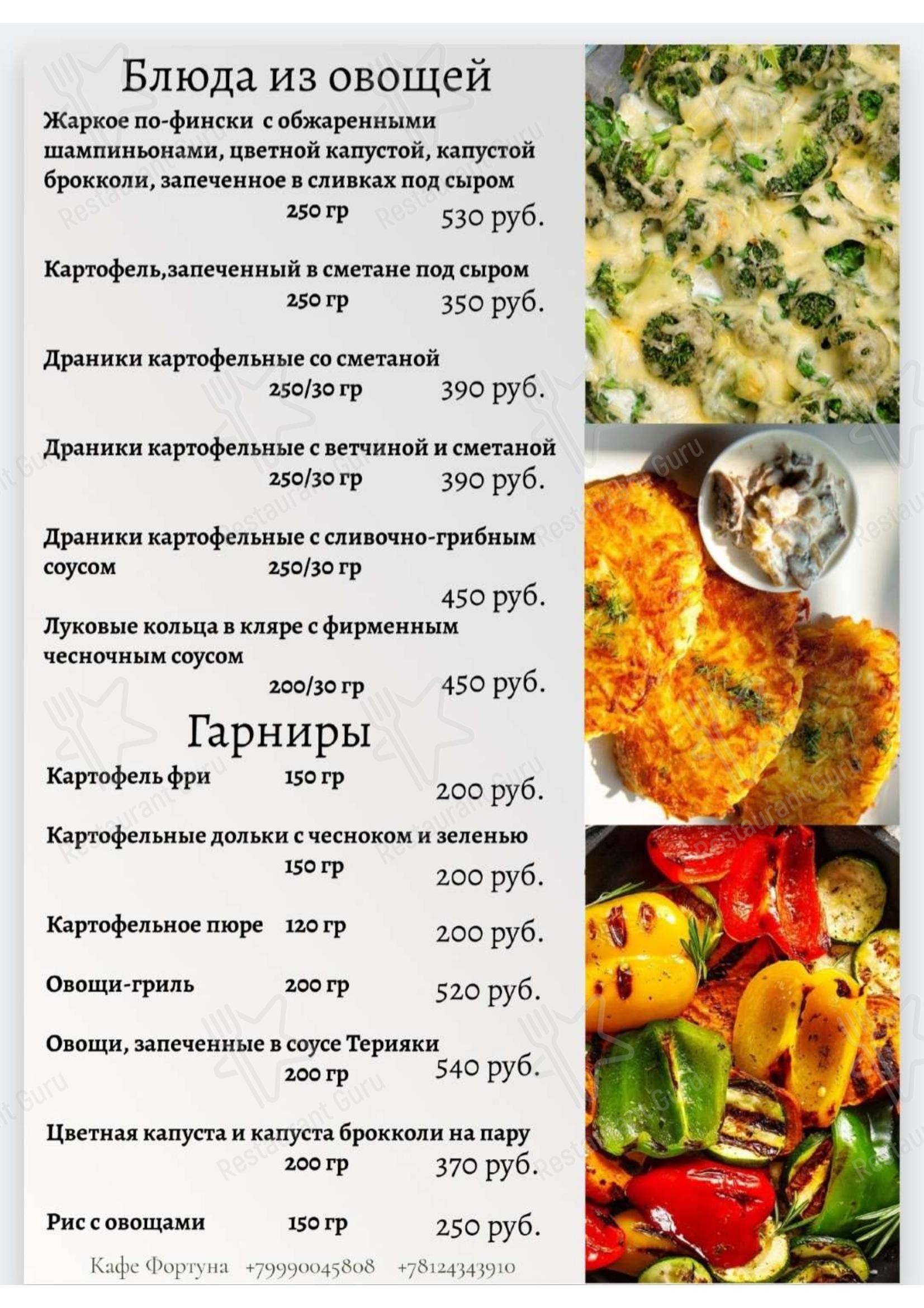 Меню кафе Фортуна - Меню