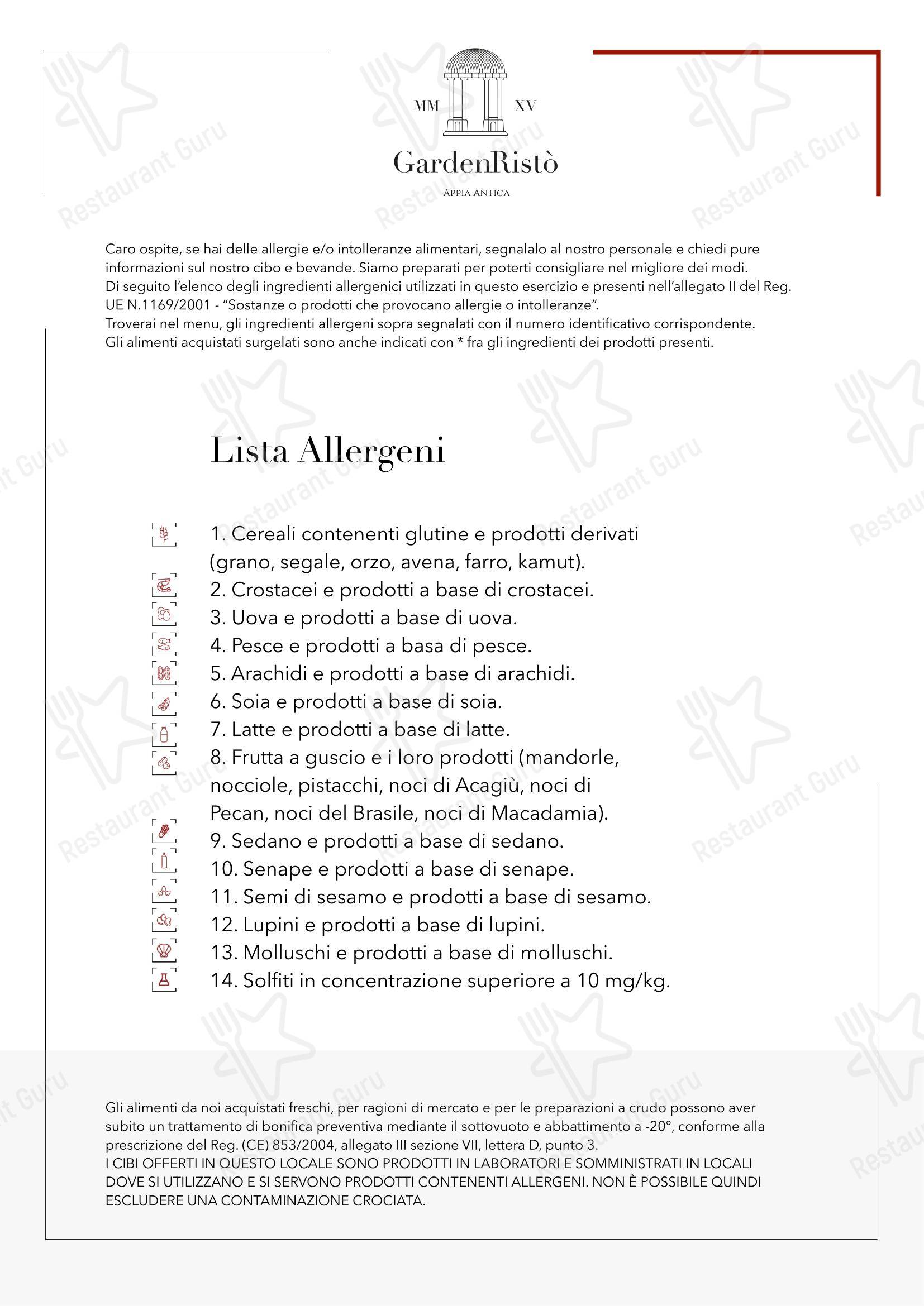 Меню ресторана Garden Ristò в Риме