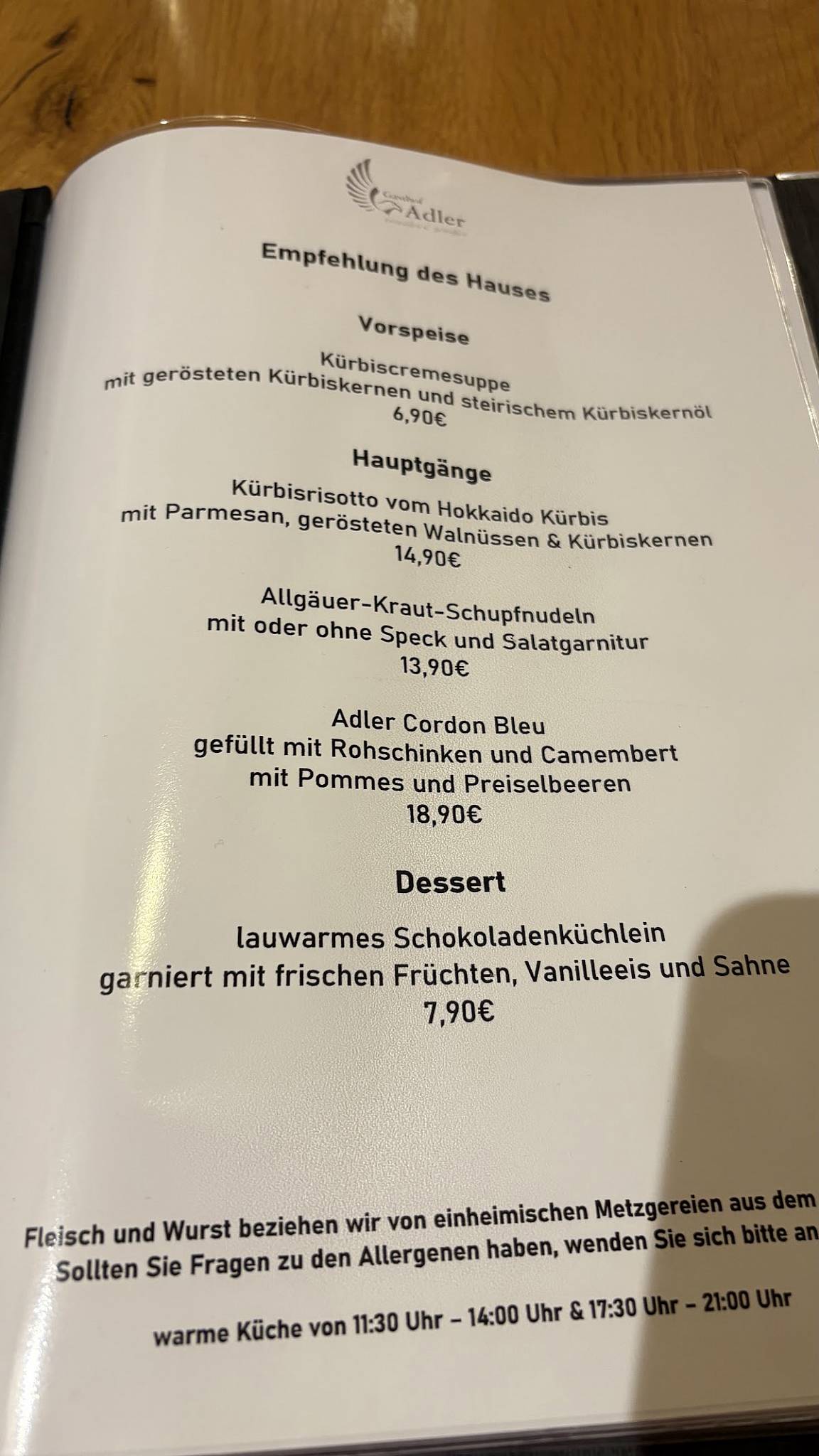 Gasthof Adler меню