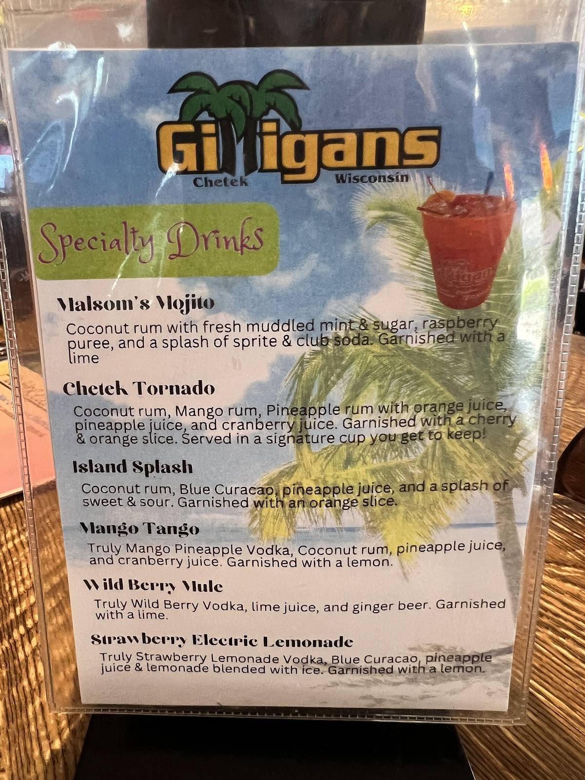 Gilligans in Chetek- bar, restaurant & lodging меню