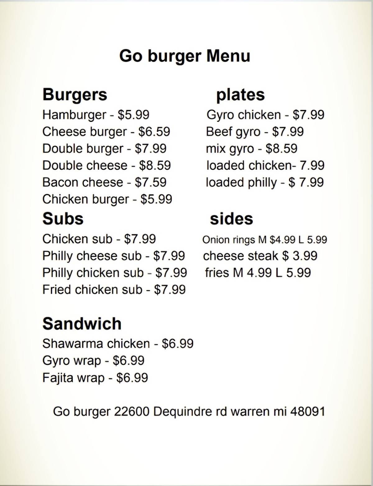Go Burger меню