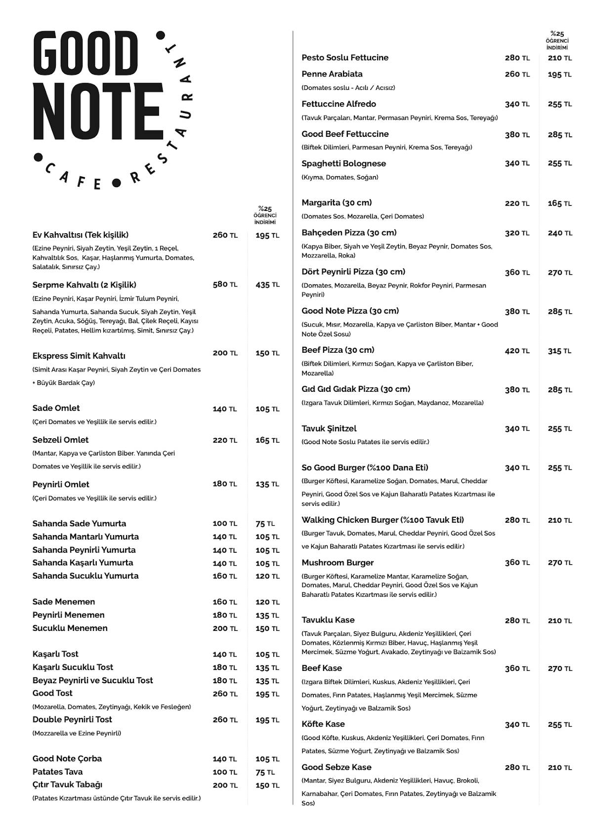 Good Note Cafe Restaurant меню
