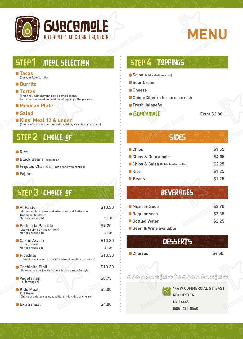 Меню напитков ресторана Guacamole Authentic Mexican Taqueria в Востоке Рочестер