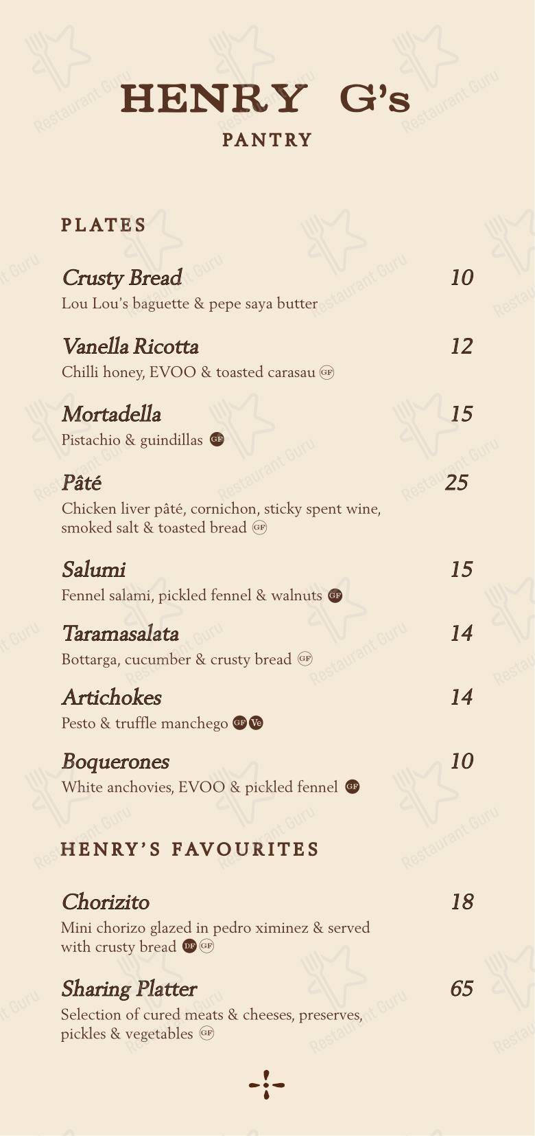 Меню напитков паба и бара Henry G's Wine Parlour