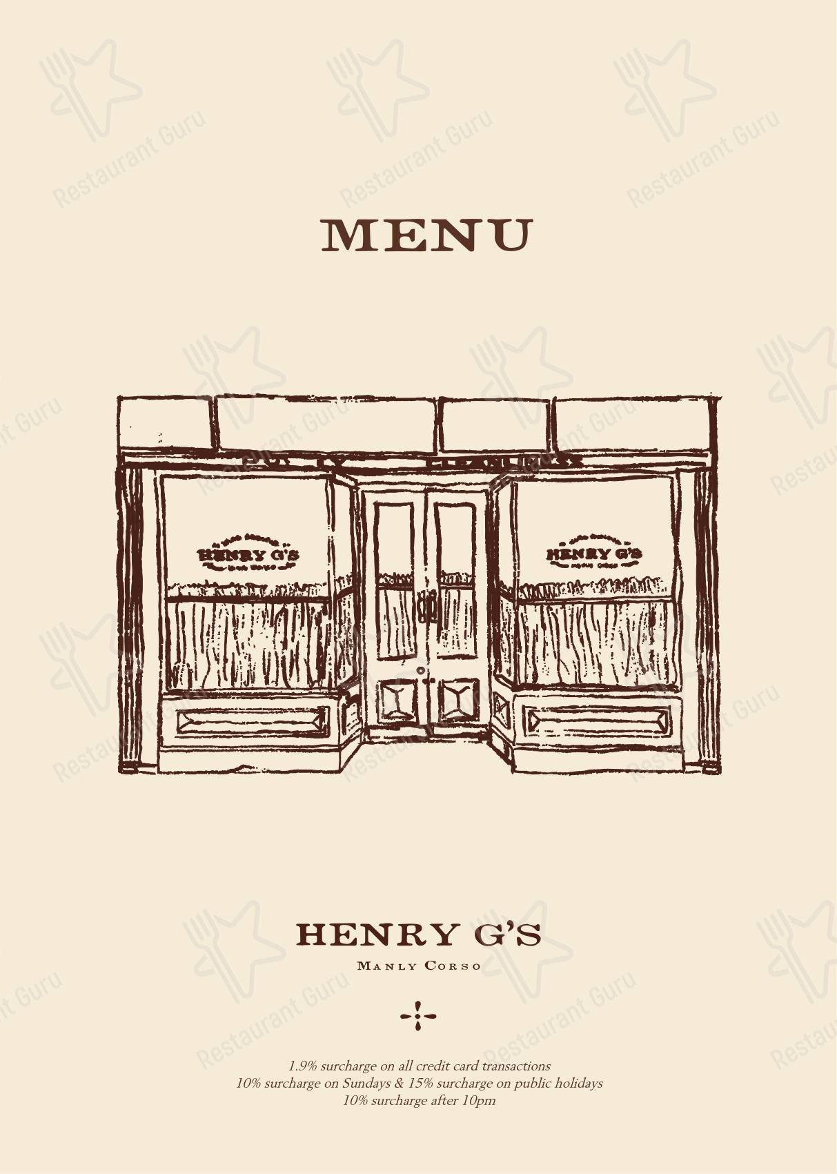 菜单 паба и бара Henry G's Wine Parlour в Манли